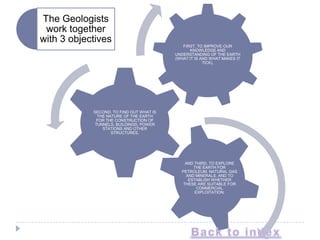 The Geologists
 work together
with 3 objectives
                                             FIRST, TO IMPROVE OUR
                                                KNOWLEDGE AND
                                          UNDERSTANDING OF THE EARTH
                                          (WHAT IT IS AND WHAT MAKES IT
                                                       TICK).




            SECOND, TO FIND OUT WHAT IS
             THE NATURE OF THE EARTH
             FOR THE CONSTRUCTION OF
            TUNNELS, BUILDINGS, POWER
               STATIONS AND OTHER
                   STRUCTURES.




                                              AND THIRD, TO EXPLORE
                                                 THE EARTH FOR
                                             PETROLEUM, NATURAL GAS
                                              AND MINERALS, AND TO
                                               ESTABLISH WHETHER
                                             THESE ARE SUITABLE FOR
                                                   COMMERCIAL
                                                  EXPLOITATION.
 