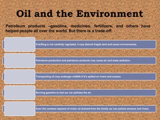 Oil and the Environment
Petroleum products –gasoline, medicines, fertilizers, and others have
helped people all over the world. But there is a trade-off.


              If drilling is not carefully regulated, it may disturb fragile land and ocean environments.




              Petroleum production and petroleum products may cause air and water pollution.




              Transporting oil may endanger wildlife if it’s spilled on rivers and oceans.




              Burning gasoline to fuel our car pollutes the air.




              Even the careless deposal of motor oil drained from the family car can pollute streams and rivers.
 