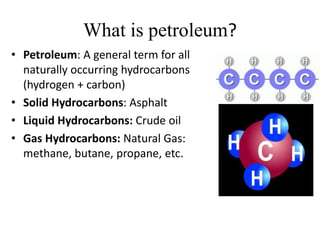 What is petroleum?
• Petroleum: A general term for all
naturally occurring hydrocarbons
(hydrogen + carbon)
• Solid Hydrocarbons: Asphalt
• Liquid Hydrocarbons: Crude oil
• Gas Hydrocarbons: Natural Gas:
methane, butane, propane, etc.
 
