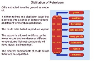 Distillation of Petroleum
Oil is extracted from the ground as crude
oil.
It is then refined in a distillation tower that
is divided into a series of collecting trays
at different temperature conditions.
The crude oil is boiled to produce vapour.
The vapour is allowed to diffuse up the
tower to cool and condense at different
temperatures (lightest compounds will
have lowest boiling temps).
The different components of crude oil can
therefore be separated.
 