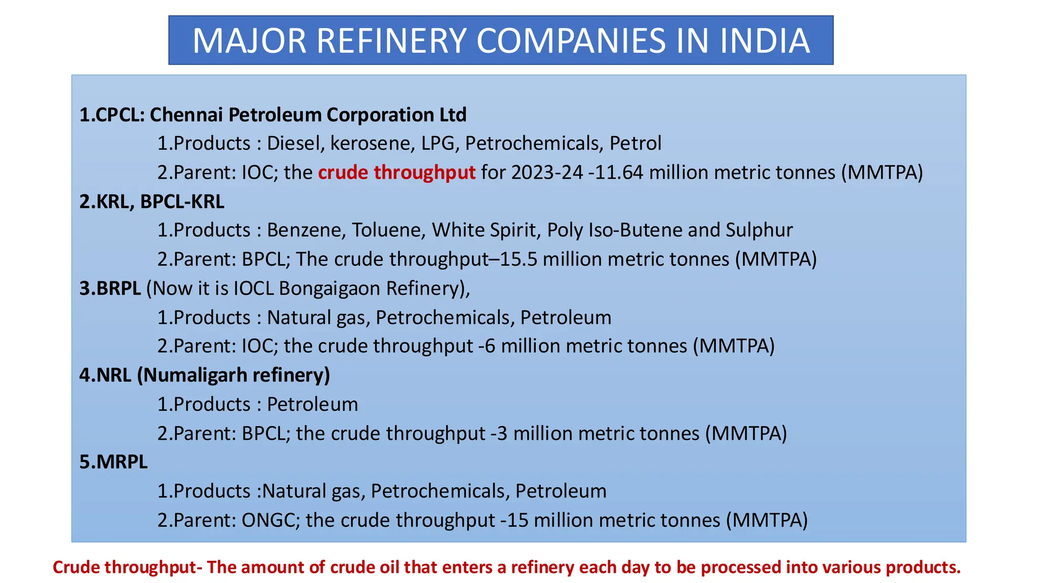 1.CPCL: Chennai Petroleum Corporation Ltd
1.Products : Diesel, kerosene, LPG, Petrochemicals, Petrol
2.Parent: IOC; the crude throughput for 2023-24 -11.64 million metric tonnes (MMTPA)
2.KRL, BPCL-KRL
1.Products : Benzene, Toluene, White Spirit, Poly Iso-Butene and Sulphur
2.Parent: BPCL; The crude throughput–15.5 million metric tonnes (MMTPA)
3.BRPL (Now it is IOCL Bongaigaon Refinery),
1.Products : Natural gas, Petrochemicals, Petroleum
2.Parent: IOC; the crude throughput -6 million metric tonnes (MMTPA)
4.NRL (Numaligarh refinery)
1.Products : Petroleum
2.Parent: BPCL; the crude throughput -3 million metric tonnes (MMTPA)
5.MRPL
1.Products :Natural gas, Petrochemicals, Petroleum
2.Parent: ONGC; the crude throughput -15 million metric tonnes (MMTPA)
MAJOR REFINERY COMPANIES IN INDIA
Crude throughput- The amount of crude oil that enters a refinery each day to be processed into various products.
 