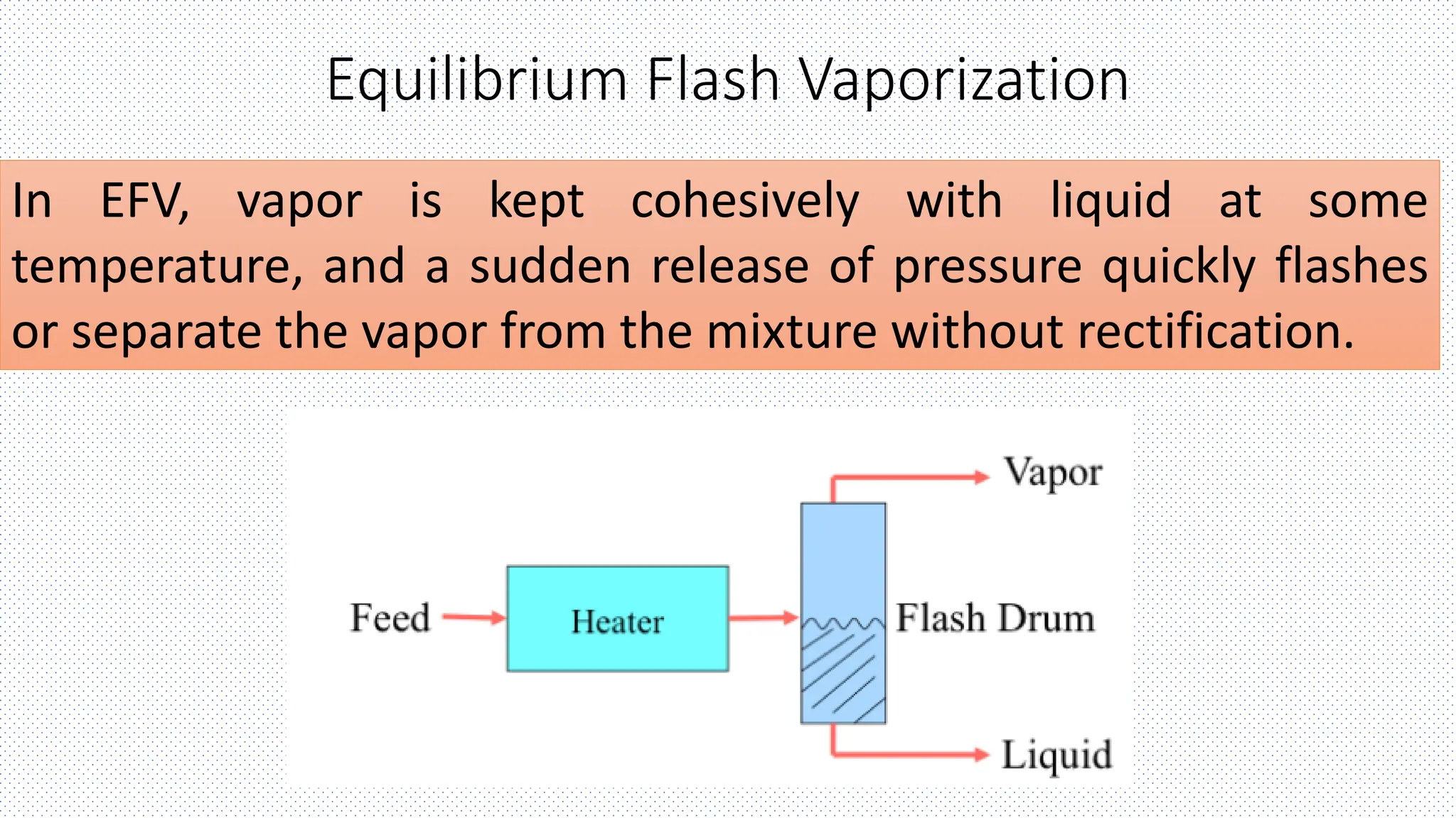 Equilibrium Flash Vaporization
In EFV, vapor is kept cohesively with liquid at some
temperature, and a sudden release of pressure quickly flashes
or separate the vapor from the mixture without rectification.
 