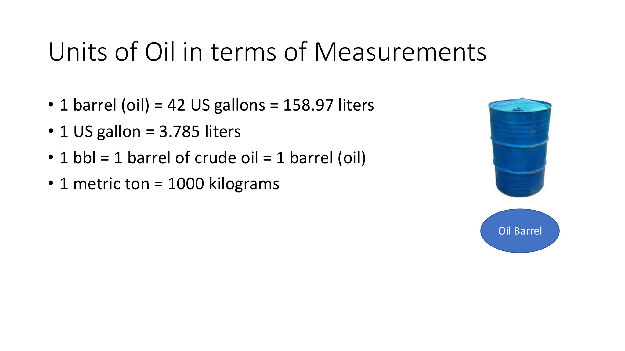 Units of Oil in terms of Measurements
• 1 barrel (oil) = 42 US gallons = 158.97 liters
• 1 US gallon = 3.785 liters
• 1 bbl = 1 barrel of crude oil = 1 barrel (oil)
• 1 metric ton = 1000 kilograms
Oil Barrel
 