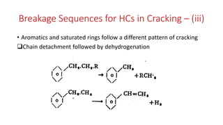 Breakage Sequences for HCs in Cracking – (iii)
• Aromatics and saturated rings follow a different pattern of cracking
❑Chain detachment followed by dehydrogenation
 