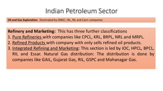 Indian Petroleum Sector
Oil and Gas Exploration: Dominated by ONGC, OIL, RIL and Cairn companies
Refinery and Marketing: This has three further classifications
1. Pure Refineries with companies like CPCL, KRL, BRPL, NRL and MRPL.
2. Refined Products with company with only sells refined oil products.
3. Integrated Refining and Marketing: This section is led by IOC, HPCL, BPCL,
RIL and Essar. Natural Gas distribution: The distribution is done by
companies like GAIL, Gujarat Gas, RIL, GSPC and Mahanagar Gas.
 