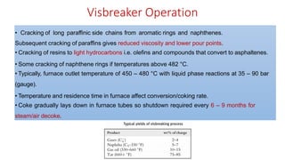 Visbreaker Operation
• Cracking of long paraffinic side chains from aromatic rings and naphthenes.
Subsequent cracking of paraffins gives reduced viscosity and lower pour points.
• Cracking of resins to light hydrocarbons i.e. olefins and compounds that convert to asphaltenes.
• Some cracking of naphthene rings if temperatures above 482 °C.
• Typically, furnace outlet temperature of 450 – 480 °C with liquid phase reactions at 35 – 90 bar
(gauge).
• Temperature and residence time in furnace affect conversion/coking rate.
• Coke gradually lays down in furnace tubes so shutdown required every 6 – 9 months for
steam/air decoke.
 