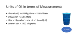 Units of Oil in terms of Measurements
• 1 barrel (oil) = 42 US gallons = 158.97 liters
• 1 US gallon = 3.785 liters
• 1 bbl = 1 barrel of crude oil = 1 barrel (oil)
• 1 metric ton = 1000 kilograms
Oil Barrel
 
