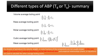Different types of ABP (TB or Tb)- summary
For streams of petroleum the volume, weight, or mole fractions of the components are not usually known. In this case,
VABP is calculated from standard distillation (ASTM D86 Method) data, and empirical relationships (charts, or equations)
are used to calculate the other average boiling points.
 