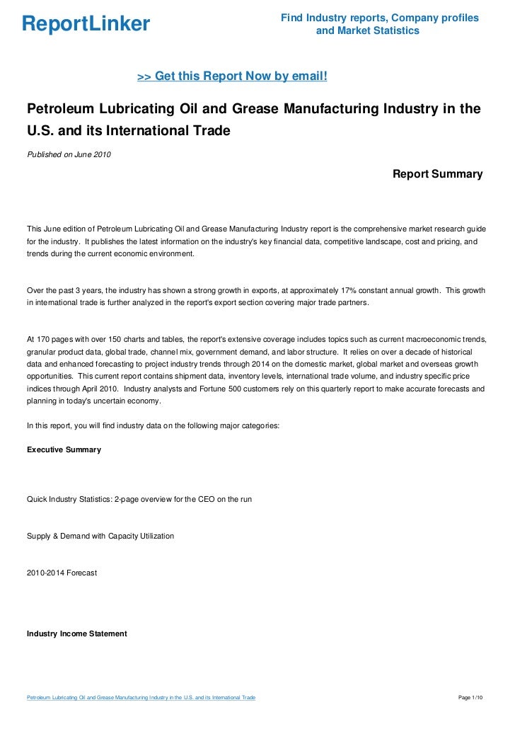 Petroleum Lubricating Oil and Grease Manufacturing Industry in the U.S. and its International Trade