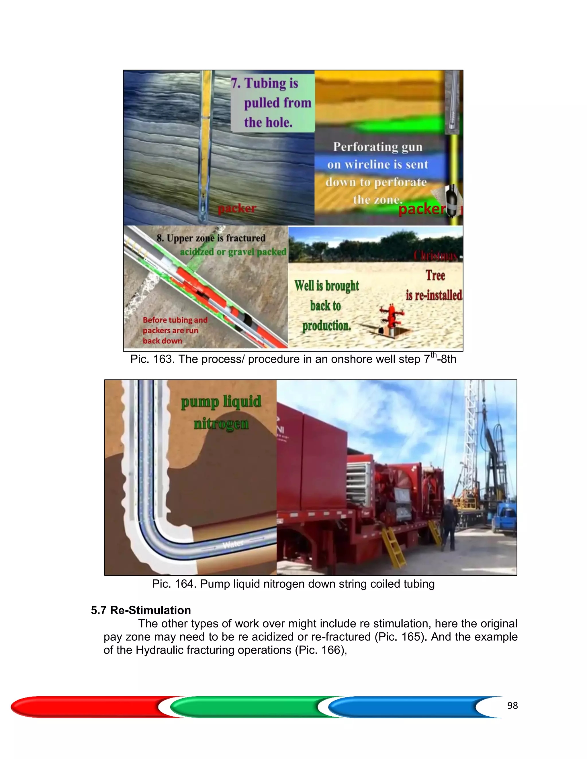 98
Pic. 163. The process/ procedure in an onshore well step 7th
-8th
Pic. 164. Pump liquid nitrogen down string coiled tubing
5.7 Re-Stimulation
The other types of work over might include re stimulation, here the original
pay zone may need to be re acidized or re-fractured (Pic. 165). And the example
of the Hydraulic fracturing operations (Pic. 166),
 