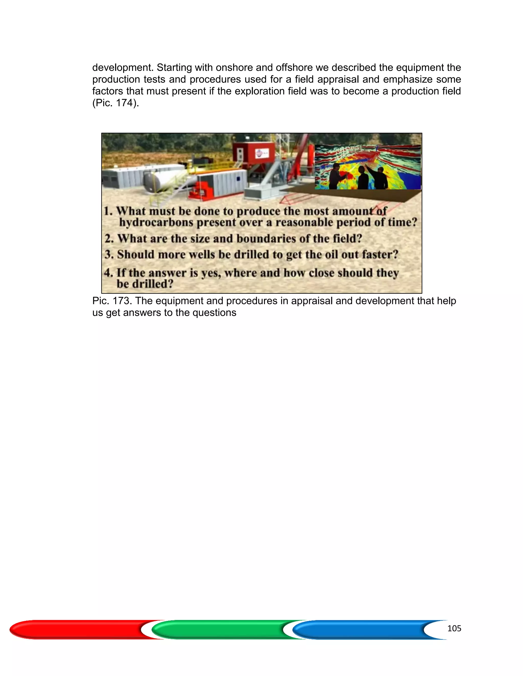 105
development. Starting with onshore and offshore we described the equipment the
production tests and procedures used for a field appraisal and emphasize some
factors that must present if the exploration field was to become a production field
(Pic. 174).
Pic. 173. The equipment and procedures in appraisal and development that help
us get answers to the questions
 