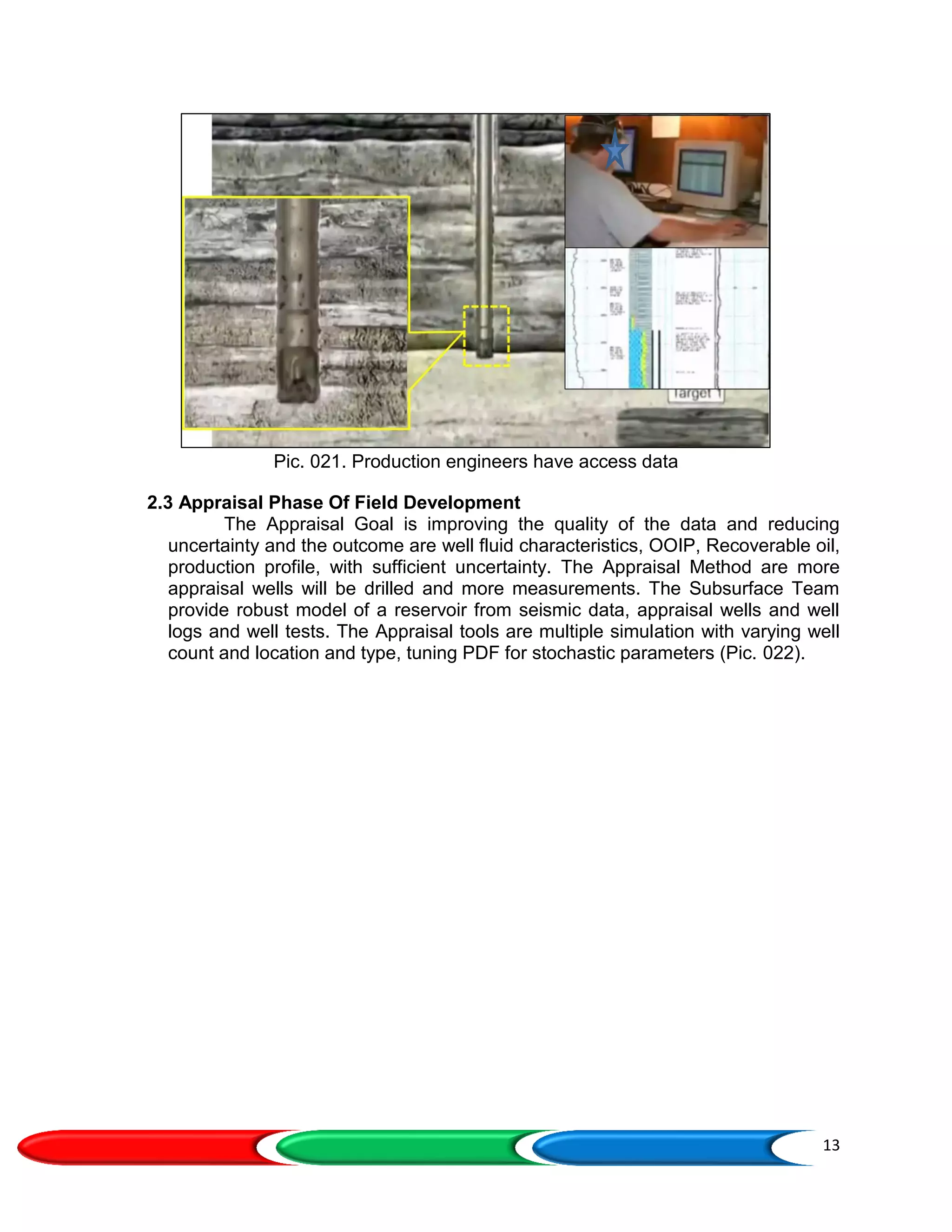 13
Pic. 021. Production engineers have access data
2.3 Appraisal Phase Of Field Development
The Appraisal Goal is improving the quality of the data and reducing
uncertainty and the outcome are well fluid characteristics, OOIP, Recoverable oil,
production profile, with sufficient uncertainty. The Appraisal Method are more
appraisal wells will be drilled and more measurements. The Subsurface Team
provide robust model of a reservoir from seismic data, appraisal wells and well
logs and well tests. The Appraisal tools are multiple simulation with varying well
count and location and type, tuning PDF for stochastic parameters (Pic. 022).
 