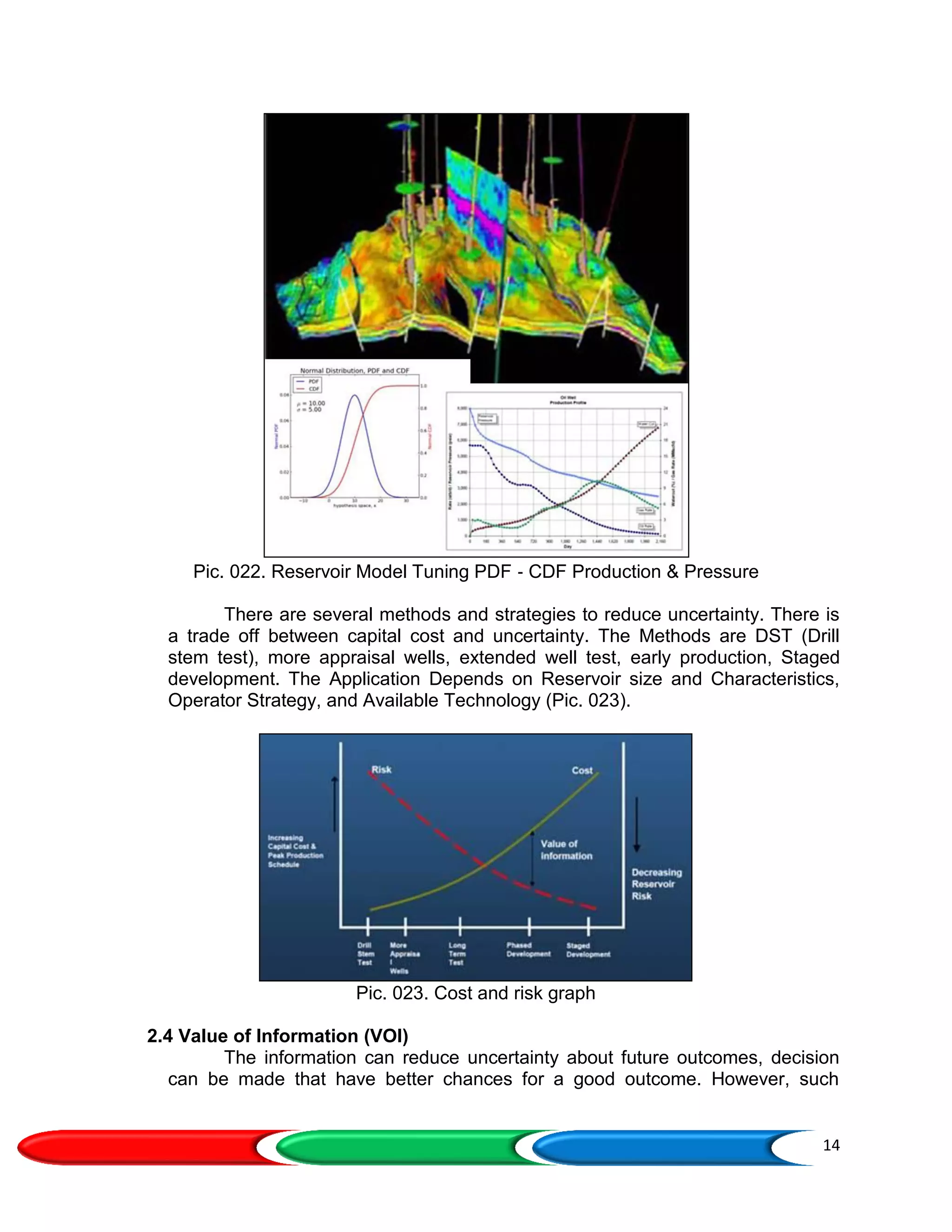 14
Pic. 022. Reservoir Model Tuning PDF ‐ CDF Production & Pressure
There are several methods and strategies to reduce uncertainty. There is
a trade off between capital cost and uncertainty. The Methods are DST (Drill
stem test), more appraisal wells, extended well test, early production, Staged
development. The Application Depends on Reservoir size and Characteristics,
Operator Strategy, and Available Technology (Pic. 023).
Pic. 023. Cost and risk graph
2.4 Value of Information (VOI)
The information can reduce uncertainty about future outcomes, decision
can be made that have better chances for a good outcome. However, such
 