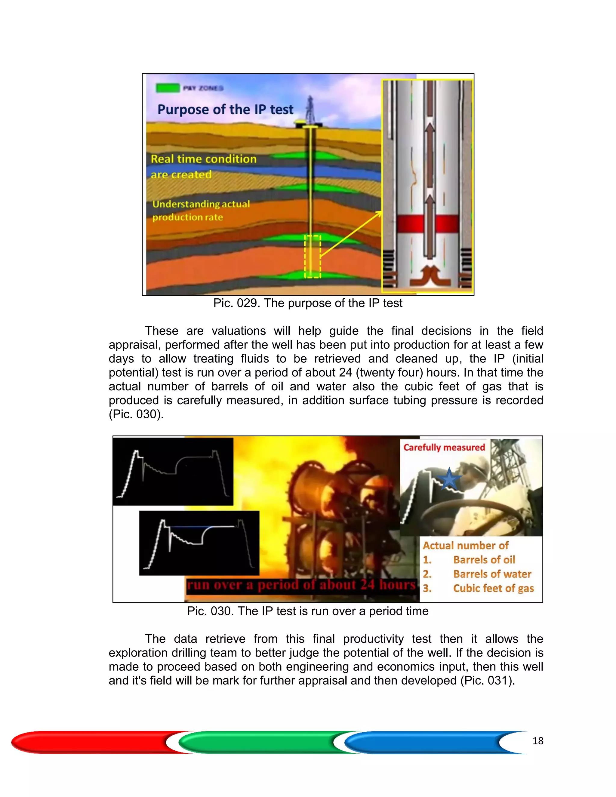 18
Pic. 029. The purpose of the IP test
These are valuations will help guide the final decisions in the field
appraisal, performed after the well has been put into production for at least a few
days to allow treating fluids to be retrieved and cleaned up, the IP (initial
potential) test is run over a period of about 24 (twenty four) hours. In that time the
actual number of barrels of oil and water also the cubic feet of gas that is
produced is carefully measured, in addition surface tubing pressure is recorded
(Pic. 030).
Pic. 030. The IP test is run over a period time
The data retrieve from this final productivity test then it allows the
exploration drilling team to better judge the potential of the well. If the decision is
made to proceed based on both engineering and economics input, then this well
and it's field will be mark for further appraisal and then developed (Pic. 031).
 