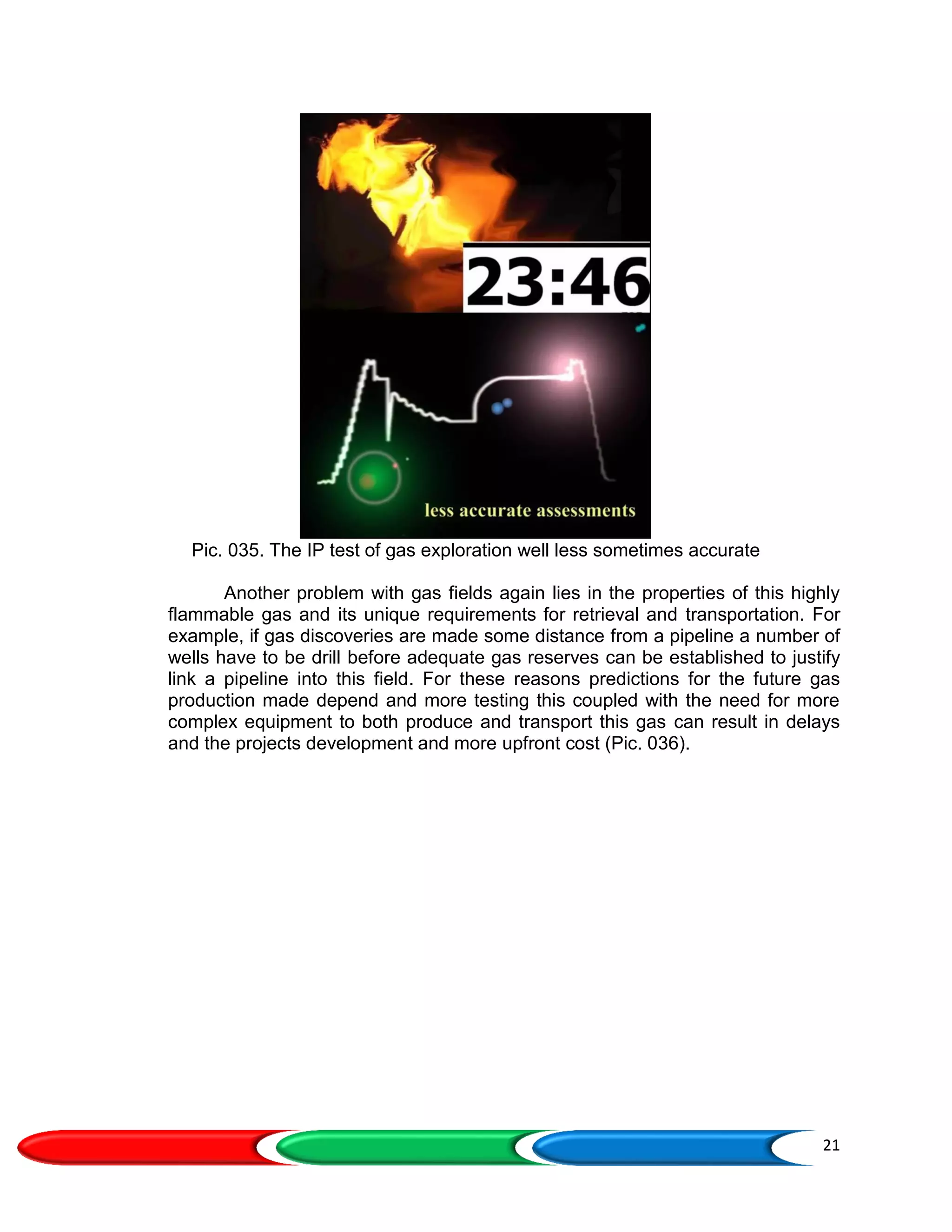 21
Pic. 035. The IP test of gas exploration well less sometimes accurate
Another problem with gas fields again lies in the properties of this highly
flammable gas and its unique requirements for retrieval and transportation. For
example, if gas discoveries are made some distance from a pipeline a number of
wells have to be drill before adequate gas reserves can be established to justify
link a pipeline into this field. For these reasons predictions for the future gas
production made depend and more testing this coupled with the need for more
complex equipment to both produce and transport this gas can result in delays
and the projects development and more upfront cost (Pic. 036).
 