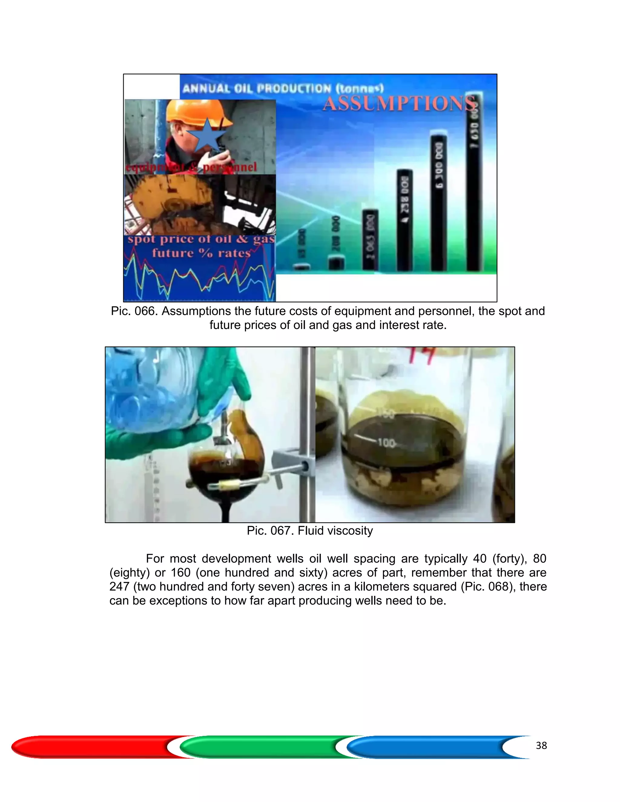 38
Pic. 066. Assumptions the future costs of equipment and personnel, the spot and
future prices of oil and gas and interest rate.
Pic. 067. Fluid viscosity
For most development wells oil well spacing are typically 40 (forty), 80
(eighty) or 160 (one hundred and sixty) acres of part, remember that there are
247 (two hundred and forty seven) acres in a kilometers squared (Pic. 068), there
can be exceptions to how far apart producing wells need to be.
 