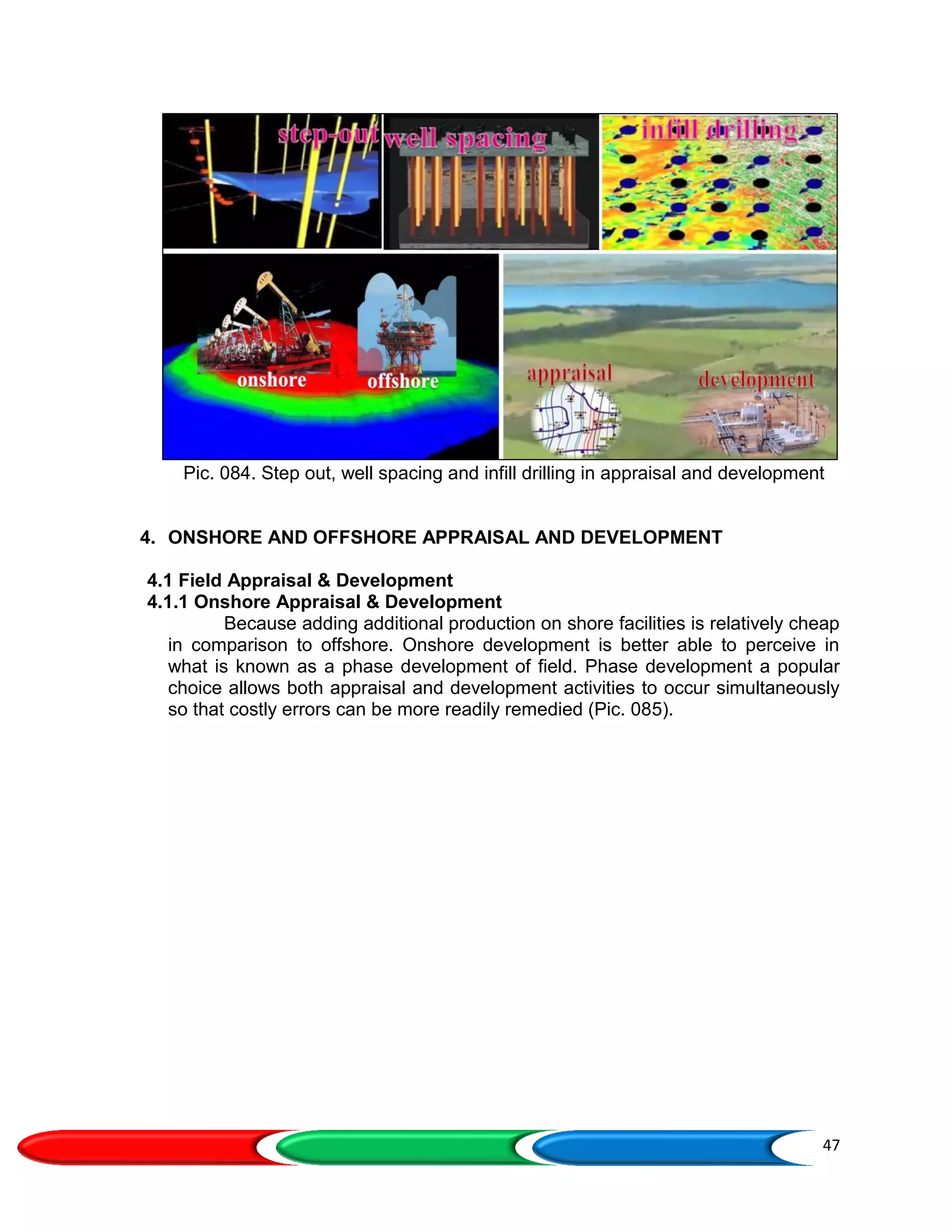 47
Pic. 084. Step out, well spacing and infill drilling in appraisal and development
4. ONSHORE AND OFFSHORE APPRAISAL AND DEVELOPMENT
4.1 Field Appraisal & Development
4.1.1 Onshore Appraisal & Development
Because adding additional production on shore facilities is relatively cheap
in comparison to offshore. Onshore development is better able to perceive in
what is known as a phase development of field. Phase development a popular
choice allows both appraisal and development activities to occur simultaneously
so that costly errors can be more readily remedied (Pic. 085).
 