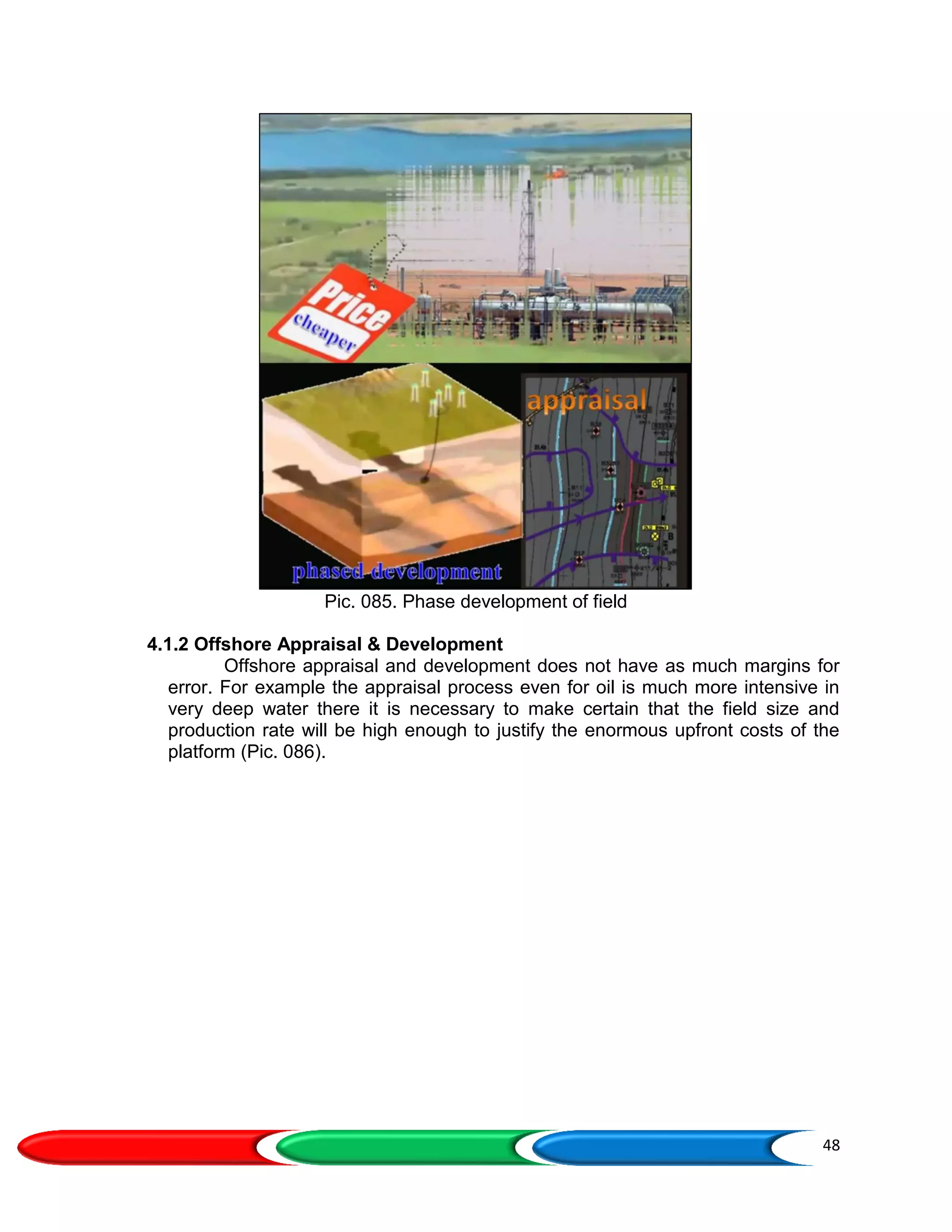 48
Pic. 085. Phase development of field
4.1.2 Offshore Appraisal & Development
Offshore appraisal and development does not have as much margins for
error. For example the appraisal process even for oil is much more intensive in
very deep water there it is necessary to make certain that the field size and
production rate will be high enough to justify the enormous upfront costs of the
platform (Pic. 086).
 