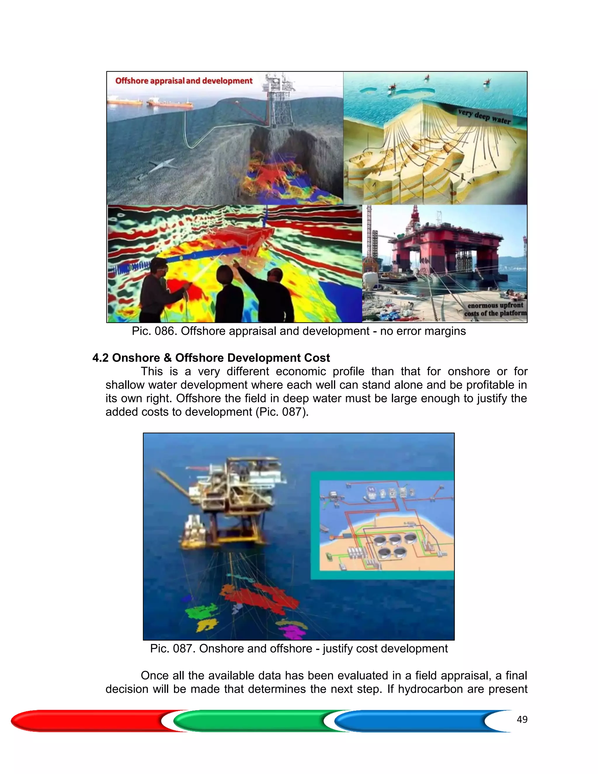 49
Pic. 086. Offshore appraisal and development - no error margins
4.2 Onshore & Offshore Development Cost
This is a very different economic profile than that for onshore or for
shallow water development where each well can stand alone and be profitable in
its own right. Offshore the field in deep water must be large enough to justify the
added costs to development (Pic. 087).
Pic. 087. Onshore and offshore - justify cost development
Once all the available data has been evaluated in a field appraisal, a final
decision will be made that determines the next step. If hydrocarbon are present
 