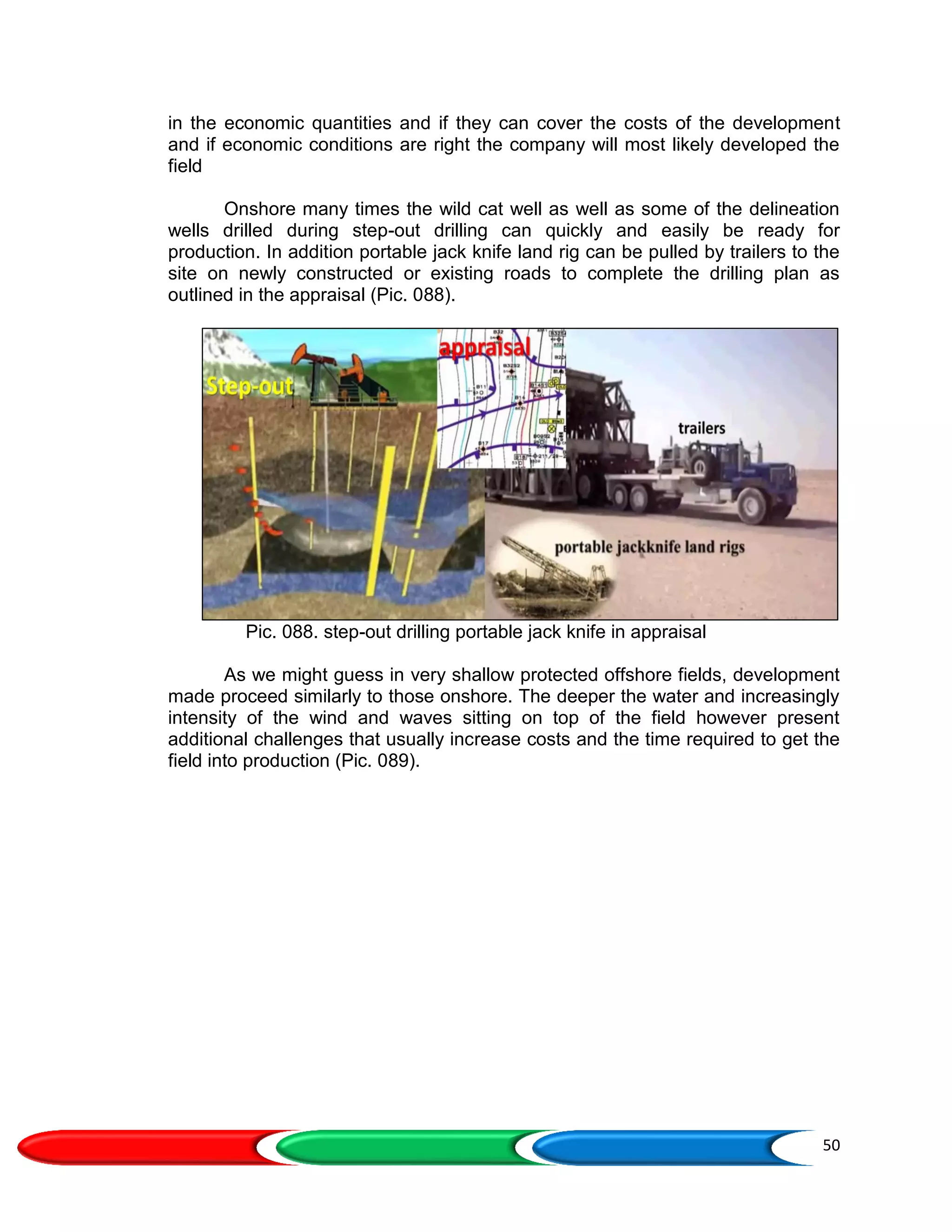 50
in the economic quantities and if they can cover the costs of the development
and if economic conditions are right the company will most likely developed the
field
Onshore many times the wild cat well as well as some of the delineation
wells drilled during step-out drilling can quickly and easily be ready for
production. In addition portable jack knife land rig can be pulled by trailers to the
site on newly constructed or existing roads to complete the drilling plan as
outlined in the appraisal (Pic. 088).
Pic. 088. step-out drilling portable jack knife in appraisal
As we might guess in very shallow protected offshore fields, development
made proceed similarly to those onshore. The deeper the water and increasingly
intensity of the wind and waves sitting on top of the field however present
additional challenges that usually increase costs and the time required to get the
field into production (Pic. 089).
 