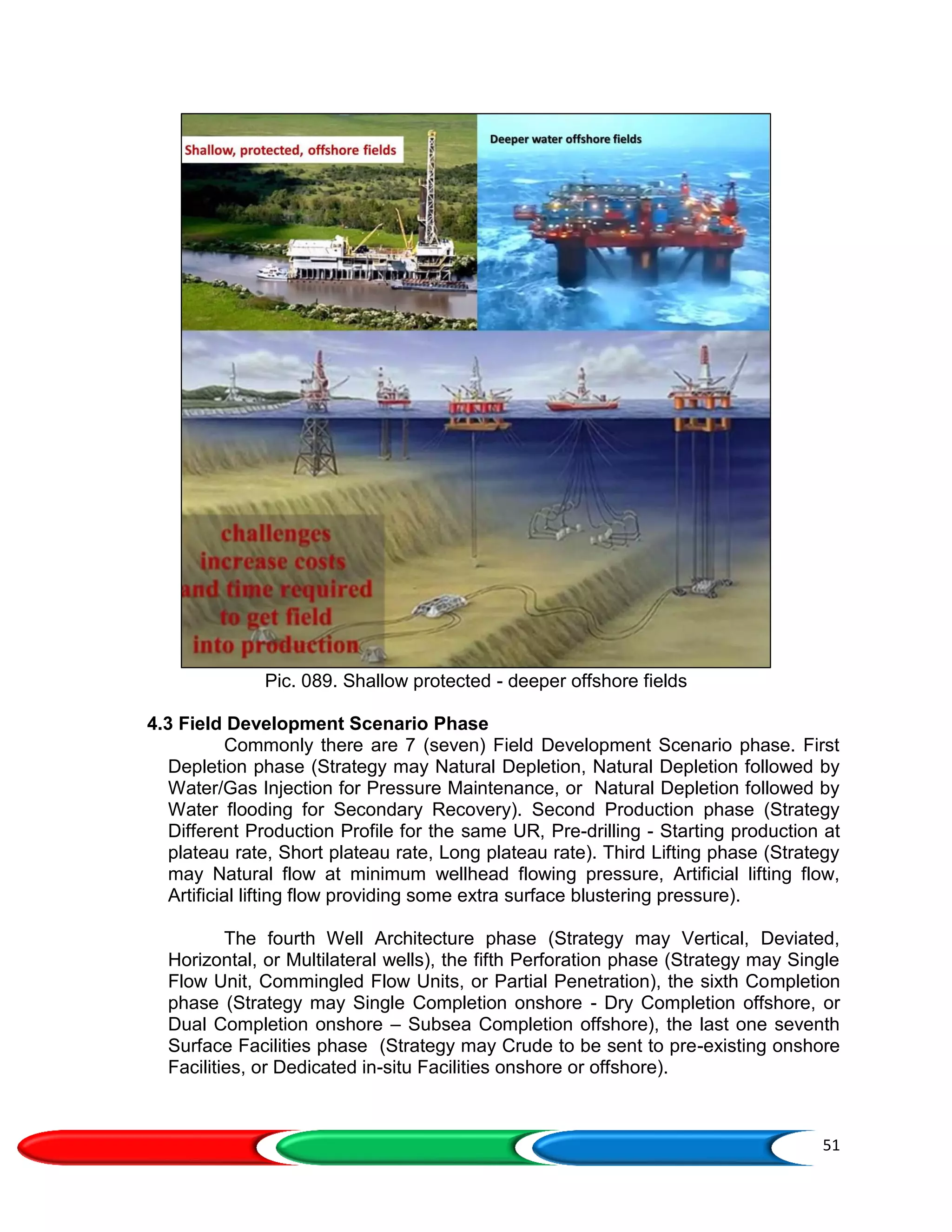 51
Pic. 089. Shallow protected - deeper offshore fields
4.3 Field Development Scenario Phase
Commonly there are 7 (seven) Field Development Scenario phase. First
Depletion phase (Strategy may Natural Depletion, Natural Depletion followed by
Water/Gas Injection for Pressure Maintenance, or Natural Depletion followed by
Water flooding for Secondary Recovery). Second Production phase (Strategy
Different Production Profile for the same UR, Pre-drilling - Starting production at
plateau rate, Short plateau rate, Long plateau rate). Third Lifting phase (Strategy
may Natural flow at minimum wellhead flowing pressure, Artificial lifting flow,
Artificial lifting flow providing some extra surface blustering pressure).
The fourth Well Architecture phase (Strategy may Vertical, Deviated,
Horizontal, or Multilateral wells), the fifth Perforation phase (Strategy may Single
Flow Unit, Commingled Flow Units, or Partial Penetration), the sixth Completion
phase (Strategy may Single Completion onshore - Dry Completion offshore, or
Dual Completion onshore – Subsea Completion offshore), the last one seventh
Surface Facilities phase (Strategy may Crude to be sent to pre-existing onshore
Facilities, or Dedicated in-situ Facilities onshore or offshore).
 