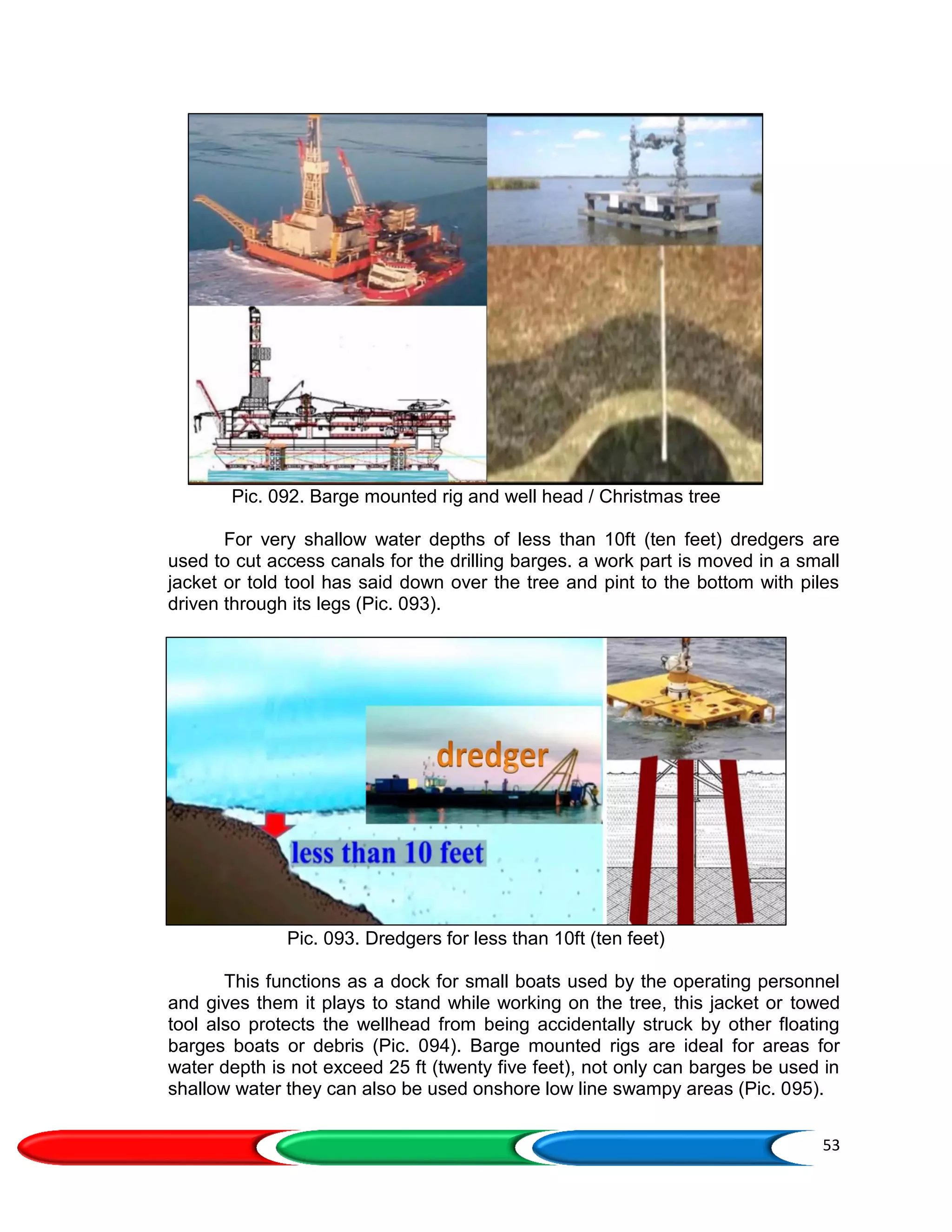 53
Pic. 092. Barge mounted rig and well head / Christmas tree
For very shallow water depths of less than 10ft (ten feet) dredgers are
used to cut access canals for the drilling barges. a work part is moved in a small
jacket or told tool has said down over the tree and pint to the bottom with piles
driven through its legs (Pic. 093).
Pic. 093. Dredgers for less than 10ft (ten feet)
This functions as a dock for small boats used by the operating personnel
and gives them it plays to stand while working on the tree, this jacket or towed
tool also protects the wellhead from being accidentally struck by other floating
barges boats or debris (Pic. 094). Barge mounted rigs are ideal for areas for
water depth is not exceed 25 ft (twenty five feet), not only can barges be used in
shallow water they can also be used onshore low line swampy areas (Pic. 095).
 