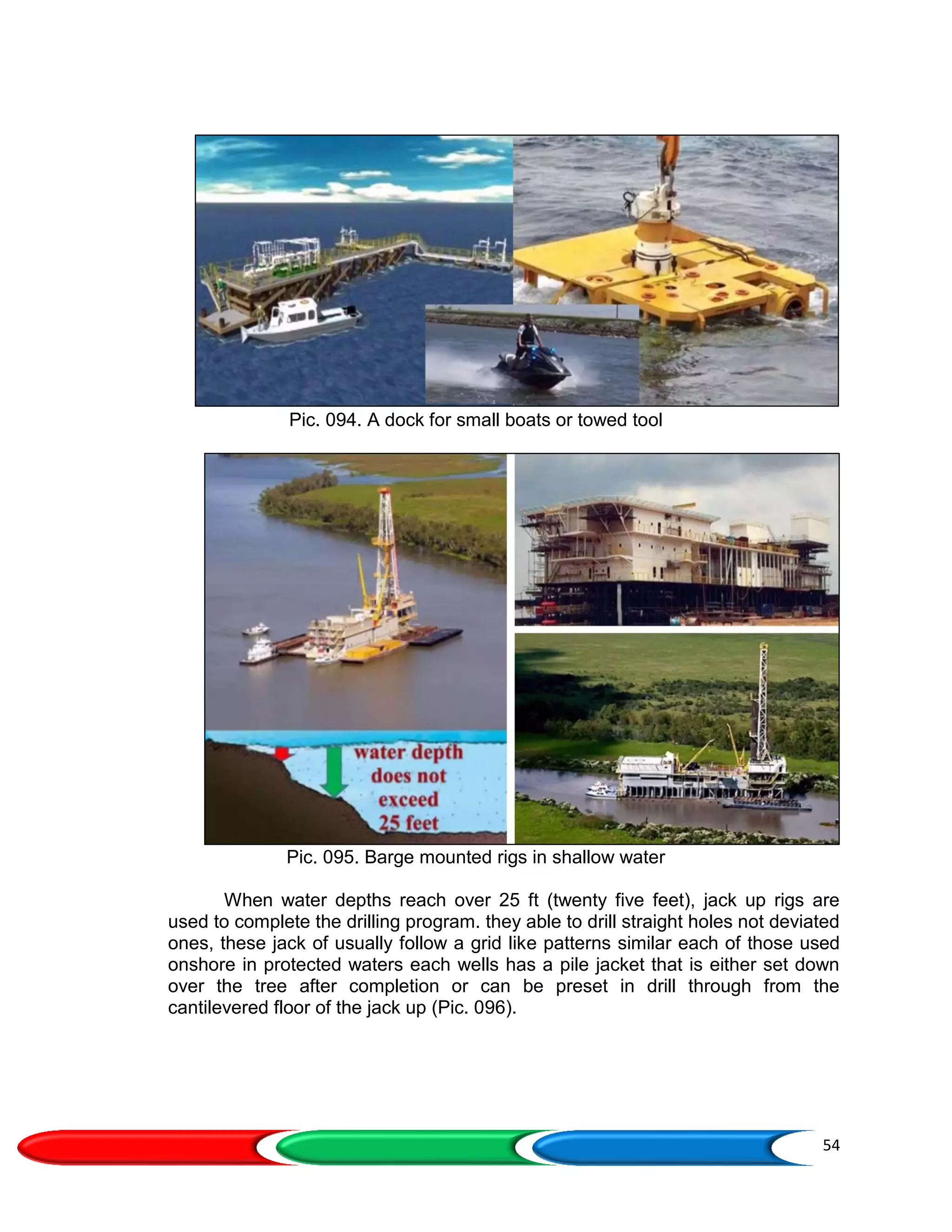 54
Pic. 094. A dock for small boats or towed tool
Pic. 095. Barge mounted rigs in shallow water
When water depths reach over 25 ft (twenty five feet), jack up rigs are
used to complete the drilling program. they able to drill straight holes not deviated
ones, these jack of usually follow a grid like patterns similar each of those used
onshore in protected waters each wells has a pile jacket that is either set down
over the tree after completion or can be preset in drill through from the
cantilevered floor of the jack up (Pic. 096).
 