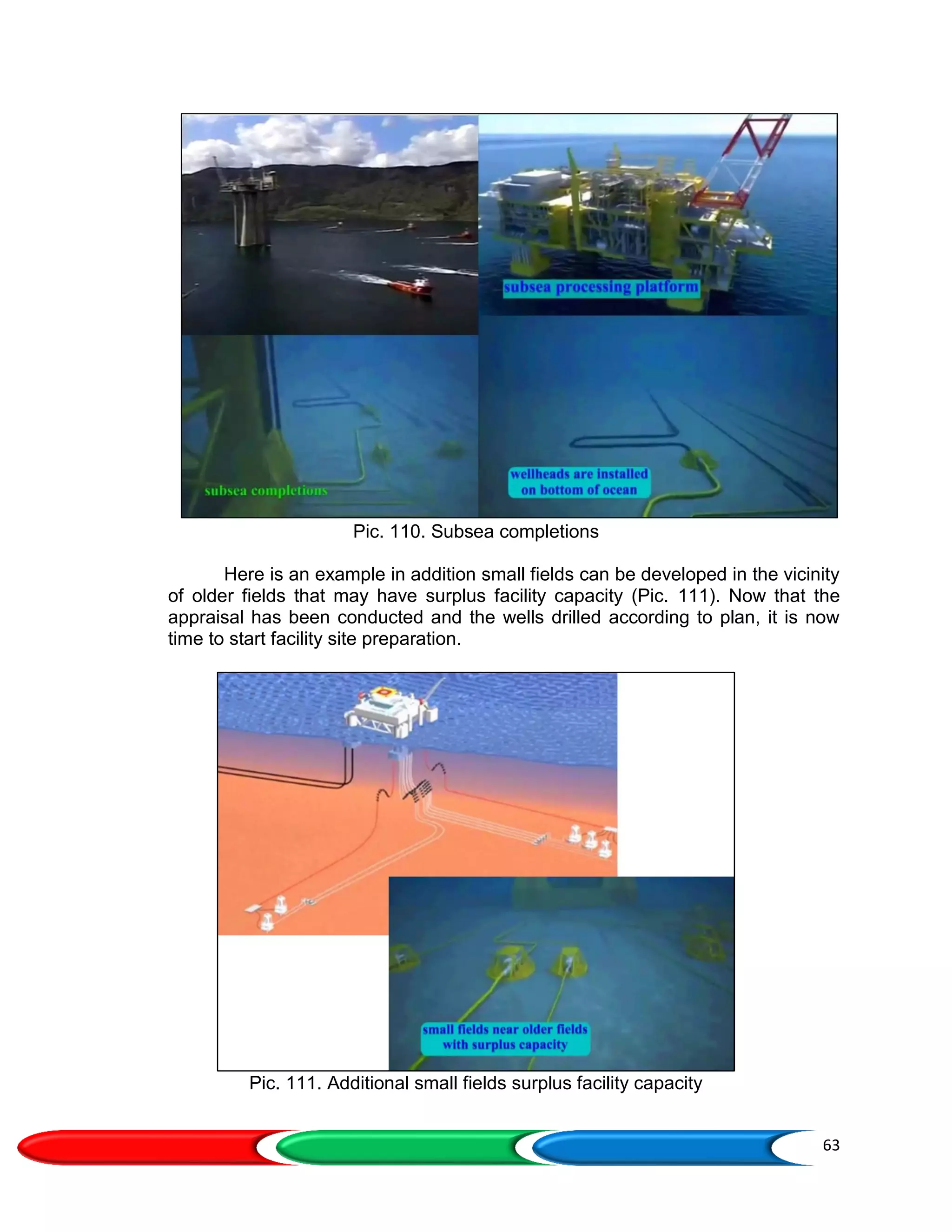 63
Pic. 110. Subsea completions
Here is an example in addition small fields can be developed in the vicinity
of older fields that may have surplus facility capacity (Pic. 111). Now that the
appraisal has been conducted and the wells drilled according to plan, it is now
time to start facility site preparation.
Pic. 111. Additional small fields surplus facility capacity
 