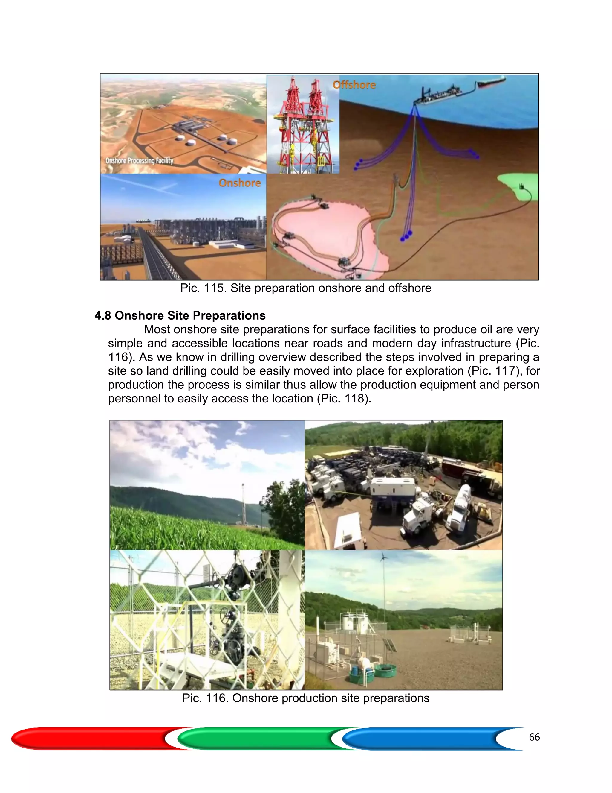 66
Pic. 115. Site preparation onshore and offshore
4.8 Onshore Site Preparations
Most onshore site preparations for surface facilities to produce oil are very
simple and accessible locations near roads and modern day infrastructure (Pic.
116). As we know in drilling overview described the steps involved in preparing a
site so land drilling could be easily moved into place for exploration (Pic. 117), for
production the process is similar thus allow the production equipment and person
personnel to easily access the location (Pic. 118).
Pic. 116. Onshore production site preparations
 