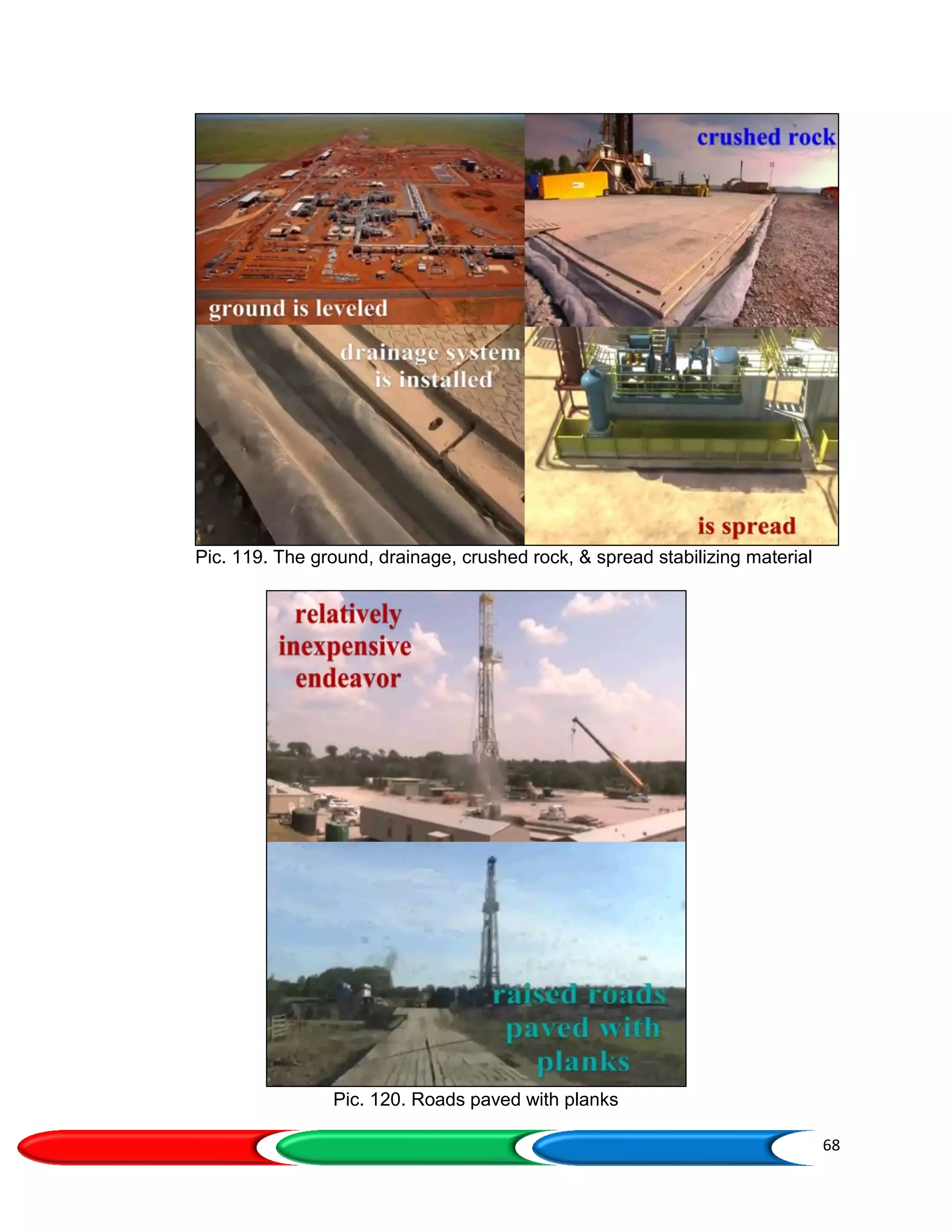 68
Pic. 119. The ground, drainage, crushed rock, & spread stabilizing material
Pic. 120. Roads paved with planks
 