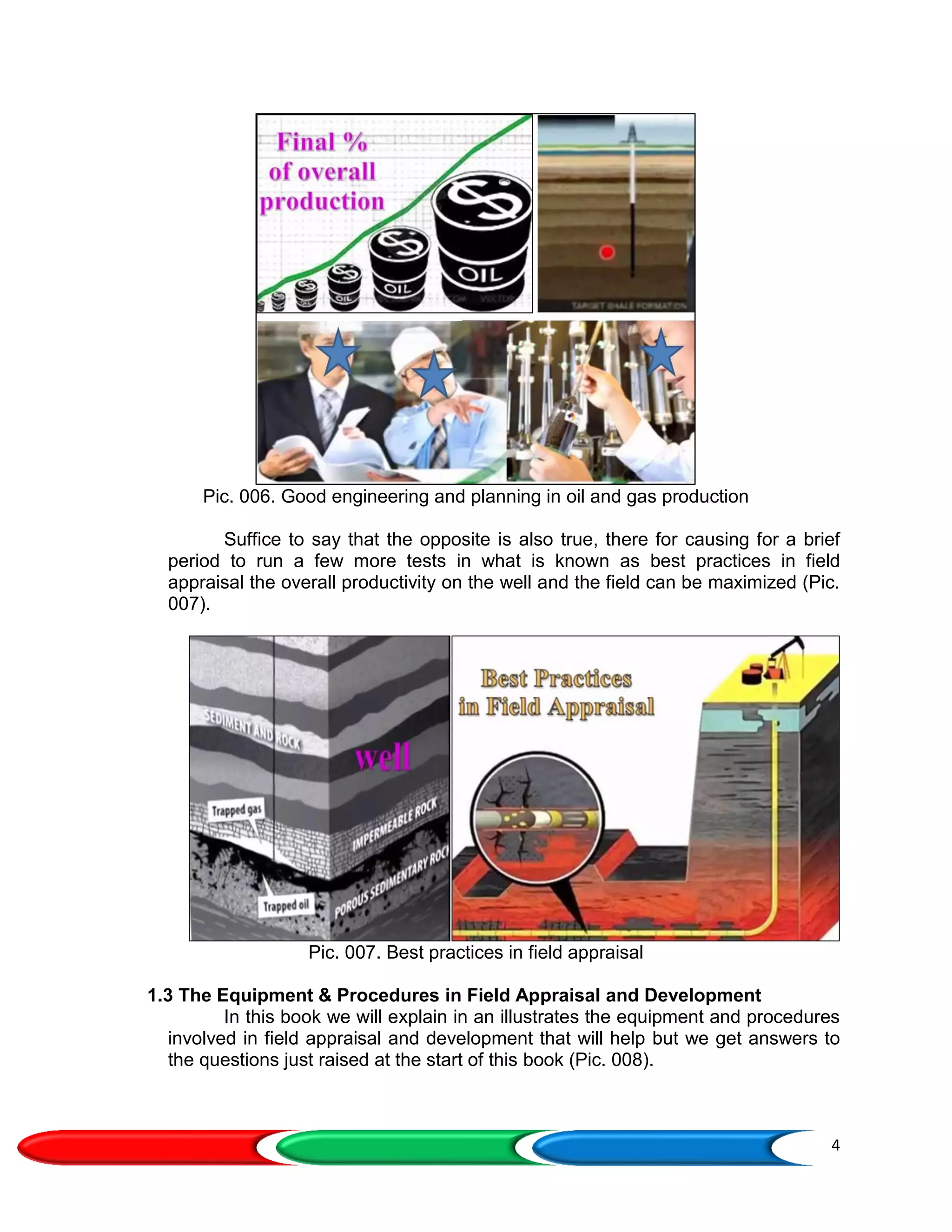 4
Pic. 006. Good engineering and planning in oil and gas production
Suffice to say that the opposite is also true, there for causing for a brief
period to run a few more tests in what is known as best practices in field
appraisal the overall productivity on the well and the field can be maximized (Pic.
007).
Pic. 007. Best practices in field appraisal
1.3 The Equipment & Procedures in Field Appraisal and Development
In this book we will explain in an illustrates the equipment and procedures
involved in field appraisal and development that will help but we get answers to
the questions just raised at the start of this book (Pic. 008).
 