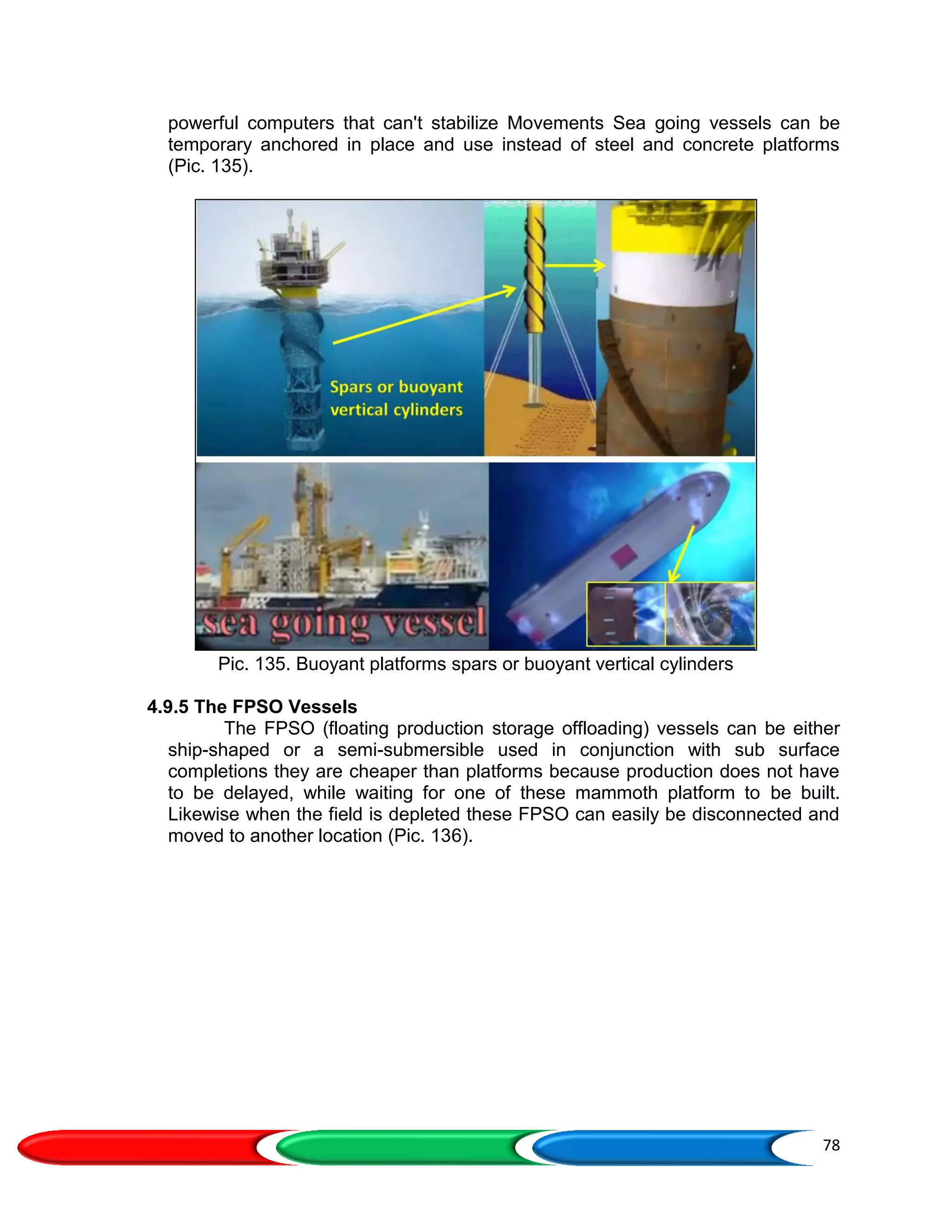 78
powerful computers that can't stabilize Movements Sea going vessels can be
temporary anchored in place and use instead of steel and concrete platforms
(Pic. 135).
Pic. 135. Buoyant platforms spars or buoyant vertical cylinders
4.9.5 The FPSO Vessels
The FPSO (floating production storage offloading) vessels can be either
ship-shaped or a semi-submersible used in conjunction with sub surface
completions they are cheaper than platforms because production does not have
to be delayed, while waiting for one of these mammoth platform to be built.
Likewise when the field is depleted these FPSO can easily be disconnected and
moved to another location (Pic. 136).
 