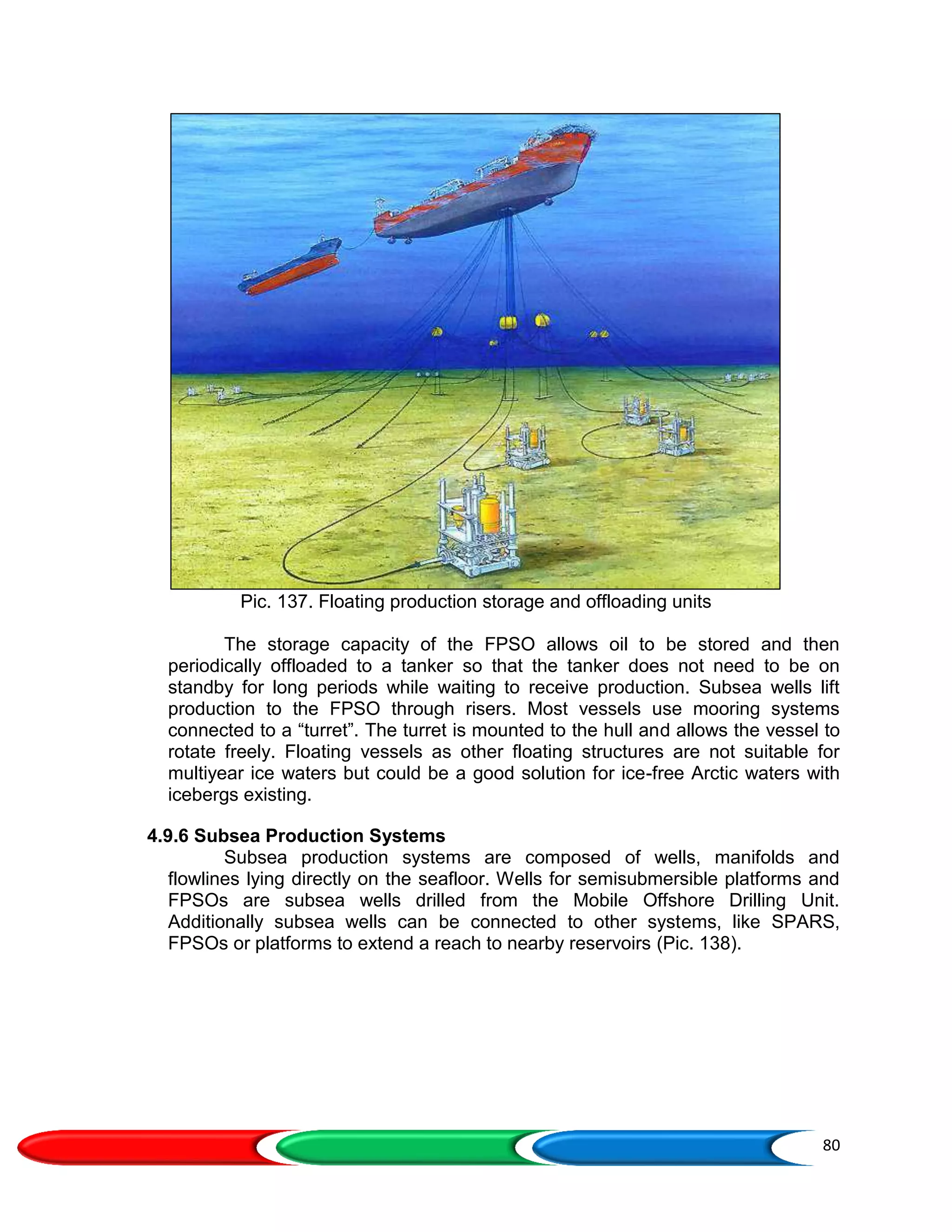 80
Pic. 137. Floating production storage and offloading units
The storage capacity of the FPSO allows oil to be stored and then
periodically offloaded to a tanker so that the tanker does not need to be on
standby for long periods while waiting to receive production. Subsea wells lift
production to the FPSO through risers. Most vessels use mooring systems
connected to a “turret”. The turret is mounted to the hull and allows the vessel to
rotate freely. Floating vessels as other floating structures are not suitable for
multiyear ice waters but could be a good solution for ice-free Arctic waters with
icebergs existing.
4.9.6 Subsea Production Systems
Subsea production systems are composed of wells, manifolds and
flowlines lying directly on the seafloor. Wells for semisubmersible platforms and
FPSOs are subsea wells drilled from the Mobile Offshore Drilling Unit.
Additionally subsea wells can be connected to other systems, like SPARS,
FPSOs or platforms to extend a reach to nearby reservoirs (Pic. 138).
 
