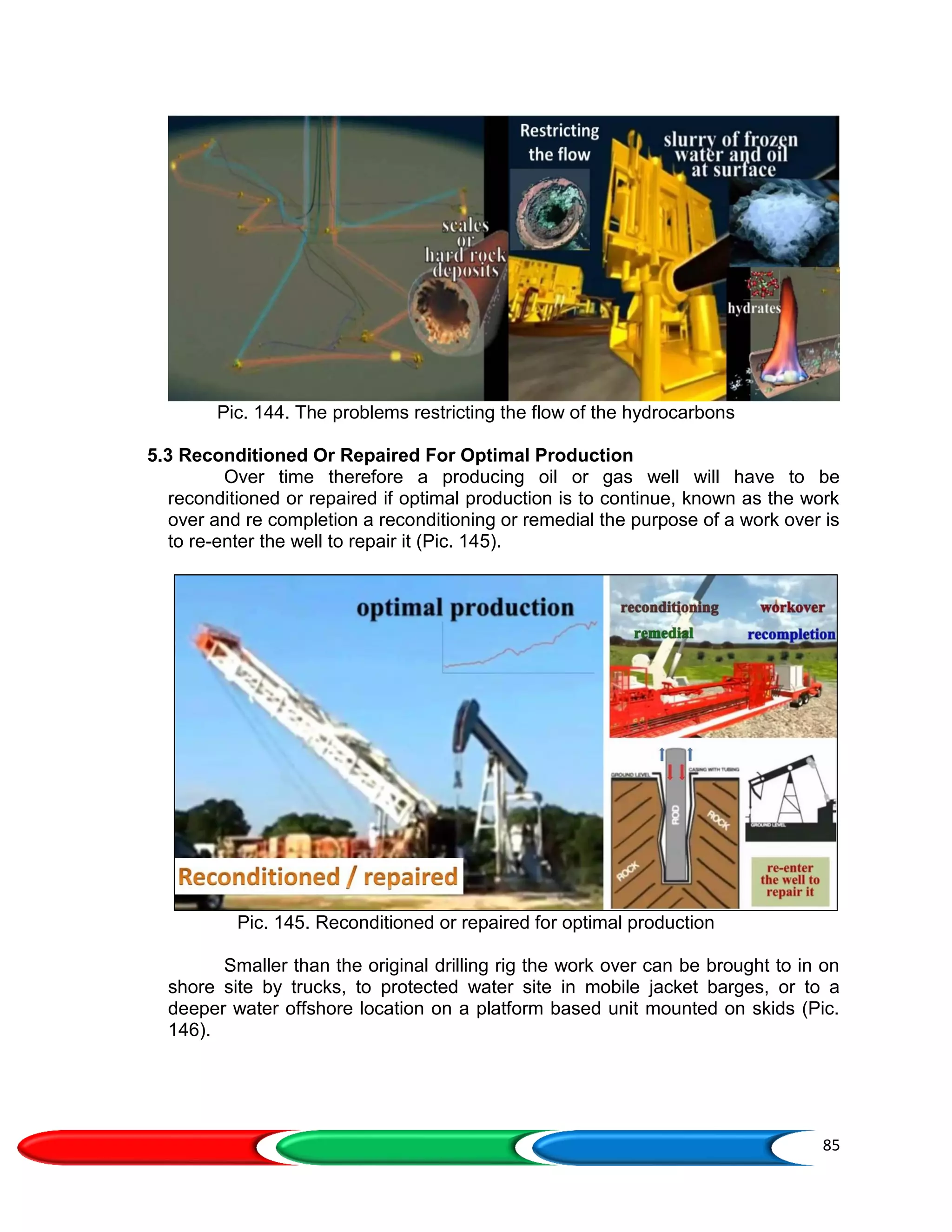 85
Pic. 144. The problems restricting the flow of the hydrocarbons
5.3 Reconditioned Or Repaired For Optimal Production
Over time therefore a producing oil or gas well will have to be
reconditioned or repaired if optimal production is to continue, known as the work
over and re completion a reconditioning or remedial the purpose of a work over is
to re-enter the well to repair it (Pic. 145).
Pic. 145. Reconditioned or repaired for optimal production
Smaller than the original drilling rig the work over can be brought to in on
shore site by trucks, to protected water site in mobile jacket barges, or to a
deeper water offshore location on a platform based unit mounted on skids (Pic.
146).
 