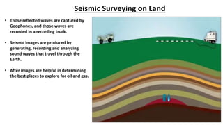 Seismic Surveying on Land
• Those reflected waves are captured by
Geophones, and those waves are
recorded in a recording truck.
• Seismic images are produced by
generating, recording and analyzing
sound waves that travel through the
Earth.
• After images are helpful in determining
the best places to explore for oil and gas.
 