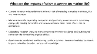 What are the impacts of seismic surveys on marine life?
17
• Current research indicated there is minimal risk of mortality in marine mammals, fish
and invertebrates.
• Marine mammals, depending on species and proximity, can experience temporary
changes to hearing thresholds and in some extreme cases these effects can be
permanent.
• Laboratory research show no mortality among invertebrates (crab etc.) but showed
some non-life threatening physical effects.
• Governments, academics and industry continue to invest in research related to seismic
impacts to further broaden the body of knowledge.
 