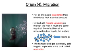 Origin (4): Migration
• Hot oil and gas is less dense than
the source rock in which it occurs
• Oil and gas migrate upwards up
through the rock in much the same
way that the air bubbles of an
underwater diver rise to the surface
• The rising oil and gas eventually gets
trapped in pockets in the rock called
reservoirs
Rising oil
 