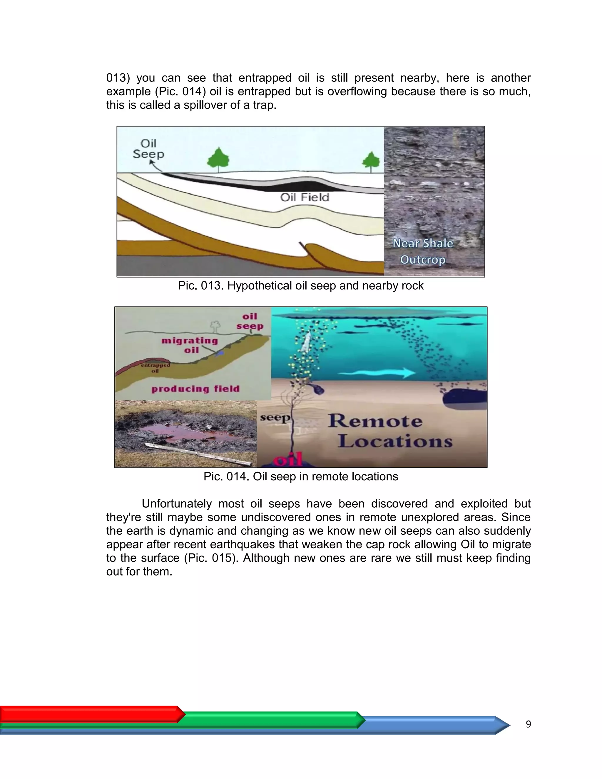 9
013) you can see that entrapped oil is still present nearby, here is another
example (Pic. 014) oil is entrapped but is overflowing because there is so much,
this is called a spillover of a trap.
Pic. 013. Hypothetical oil seep and nearby rock
Pic. 014. Oil seep in remote locations
Unfortunately most oil seeps have been discovered and exploited but
they're still maybe some undiscovered ones in remote unexplored areas. Since
the earth is dynamic and changing as we know new oil seeps can also suddenly
appear after recent earthquakes that weaken the cap rock allowing Oil to migrate
to the surface (Pic. 015). Although new ones are rare we still must keep finding
out for them.
 