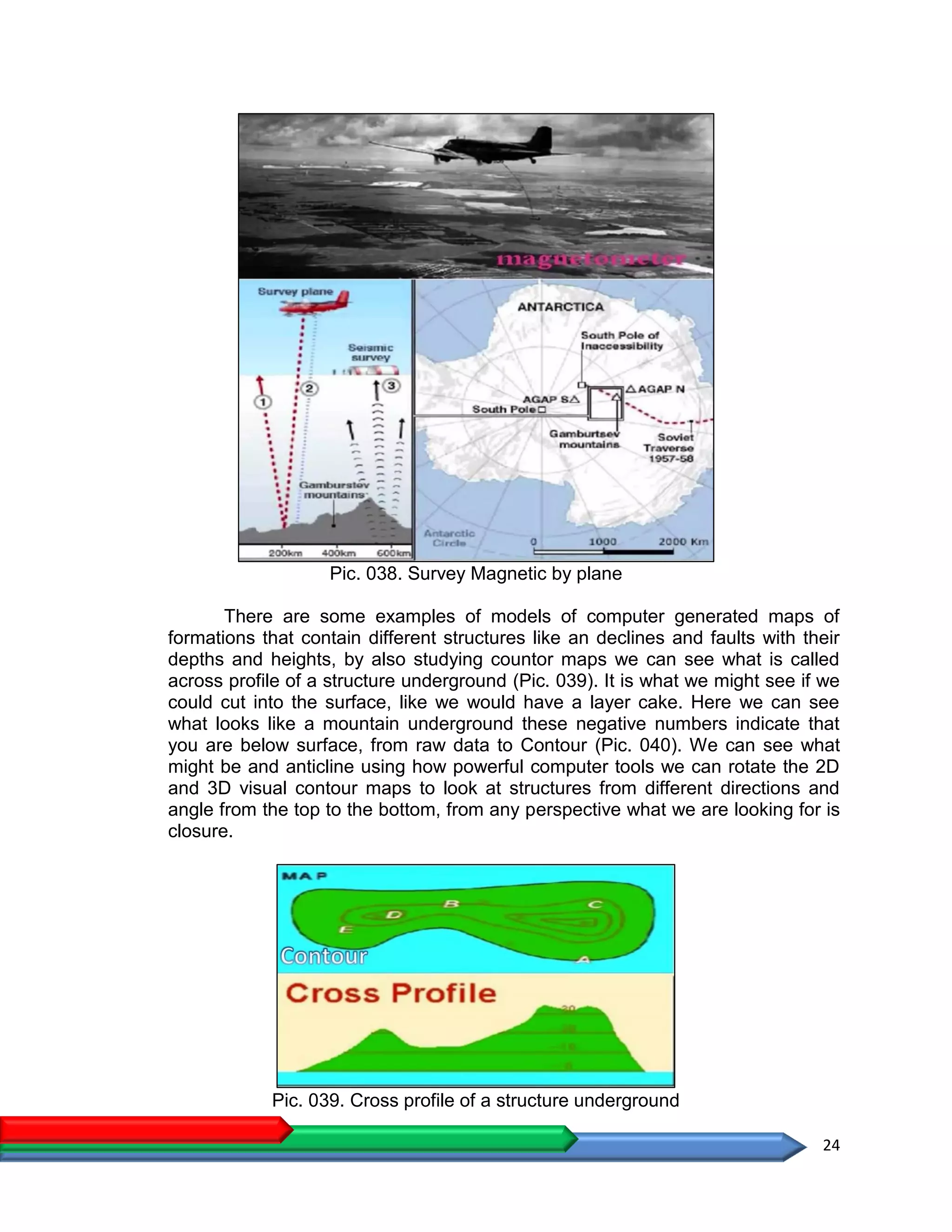 24
Pic. 038. Survey Magnetic by plane
There are some examples of models of computer generated maps of
formations that contain different structures like an declines and faults with their
depths and heights, by also studying countor maps we can see what is called
across profile of a structure underground (Pic. 039). It is what we might see if we
could cut into the surface, like we would have a layer cake. Here we can see
what looks like a mountain underground these negative numbers indicate that
you are below surface, from raw data to Contour (Pic. 040). We can see what
might be and anticline using how powerful computer tools we can rotate the 2D
and 3D visual contour maps to look at structures from different directions and
angle from the top to the bottom, from any perspective what we are looking for is
closure.
Pic. 039. Cross profile of a structure underground
 