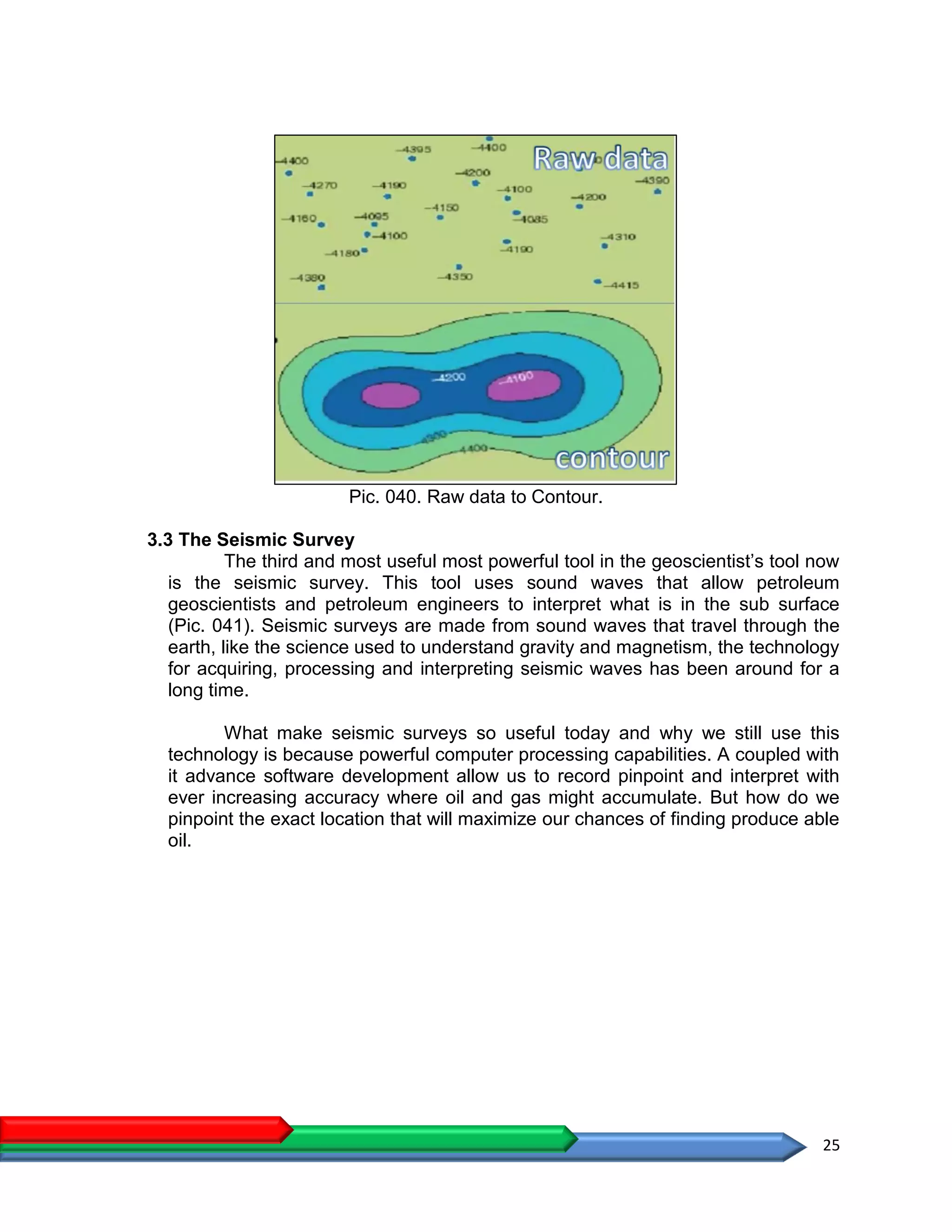 25
Pic. 040. Raw data to Contour.
3.3 The Seismic Survey
The third and most useful most powerful tool in the geoscientist’s tool now
is the seismic survey. This tool uses sound waves that allow petroleum
geoscientists and petroleum engineers to interpret what is in the sub surface
(Pic. 041). Seismic surveys are made from sound waves that travel through the
earth, like the science used to understand gravity and magnetism, the technology
for acquiring, processing and interpreting seismic waves has been around for a
long time.
What make seismic surveys so useful today and why we still use this
technology is because powerful computer processing capabilities. A coupled with
it advance software development allow us to record pinpoint and interpret with
ever increasing accuracy where oil and gas might accumulate. But how do we
pinpoint the exact location that will maximize our chances of finding produce able
oil.
 