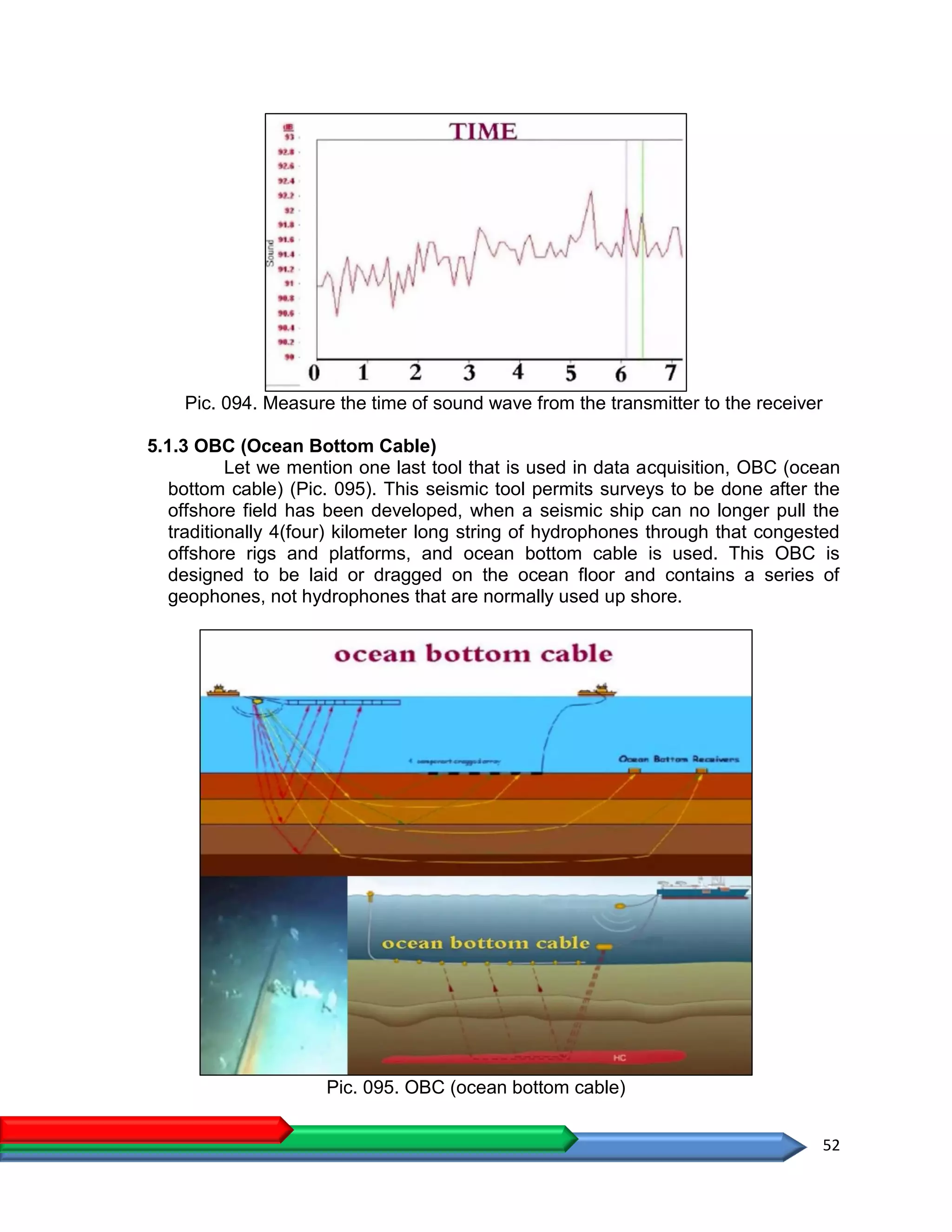 52
Pic. 094. Measure the time of sound wave from the transmitter to the receiver
5.1.3 OBC (Ocean Bottom Cable)
Let we mention one last tool that is used in data acquisition, OBC (ocean
bottom cable) (Pic. 095). This seismic tool permits surveys to be done after the
offshore field has been developed, when a seismic ship can no longer pull the
traditionally 4(four) kilometer long string of hydrophones through that congested
offshore rigs and platforms, and ocean bottom cable is used. This OBC is
designed to be laid or dragged on the ocean floor and contains a series of
geophones, not hydrophones that are normally used up shore.
Pic. 095. OBC (ocean bottom cable)
 