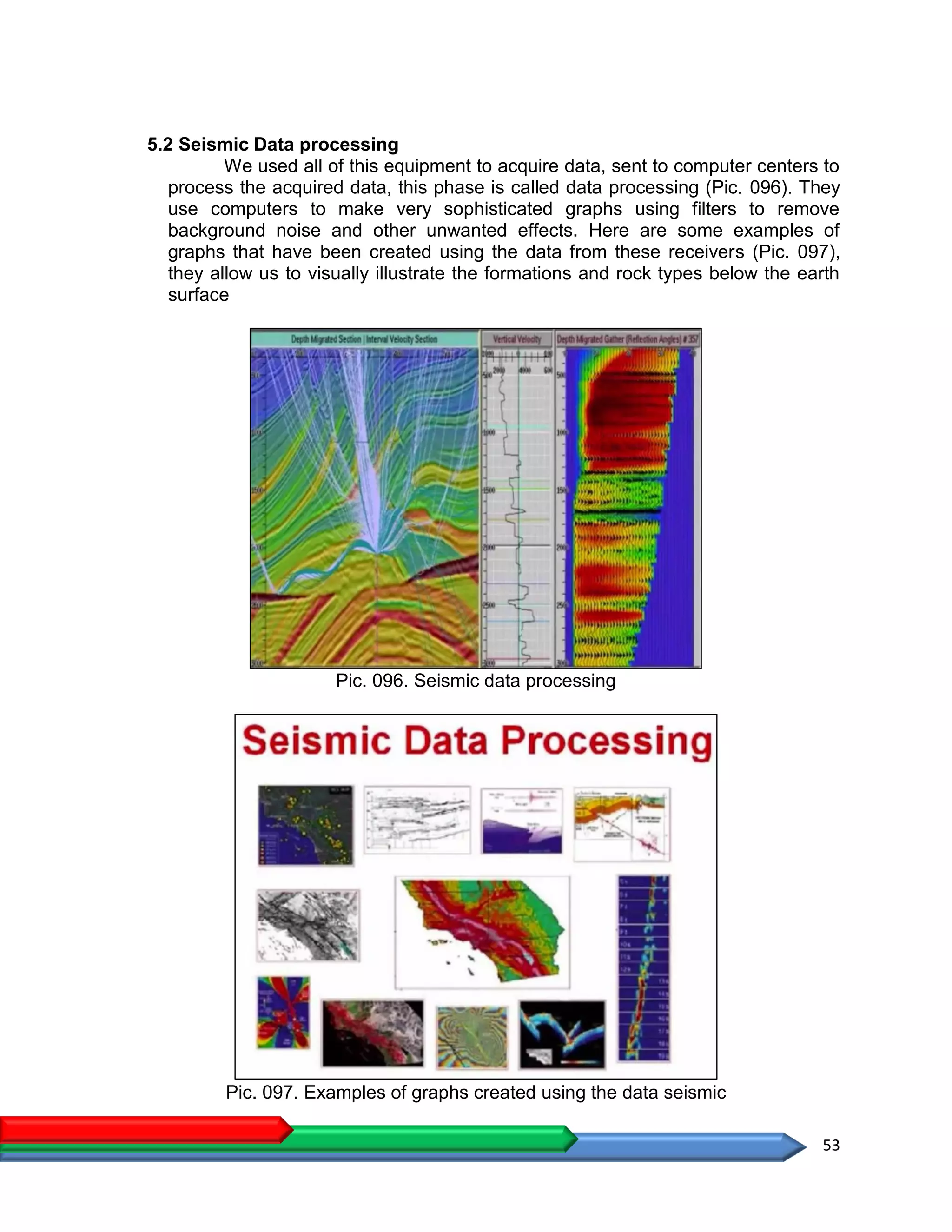 53
5.2 Seismic Data processing
We used all of this equipment to acquire data, sent to computer centers to
process the acquired data, this phase is called data processing (Pic. 096). They
use computers to make very sophisticated graphs using filters to remove
background noise and other unwanted effects. Here are some examples of
graphs that have been created using the data from these receivers (Pic. 097),
they allow us to visually illustrate the formations and rock types below the earth
surface
Pic. 096. Seismic data processing
Pic. 097. Examples of graphs created using the data seismic
 