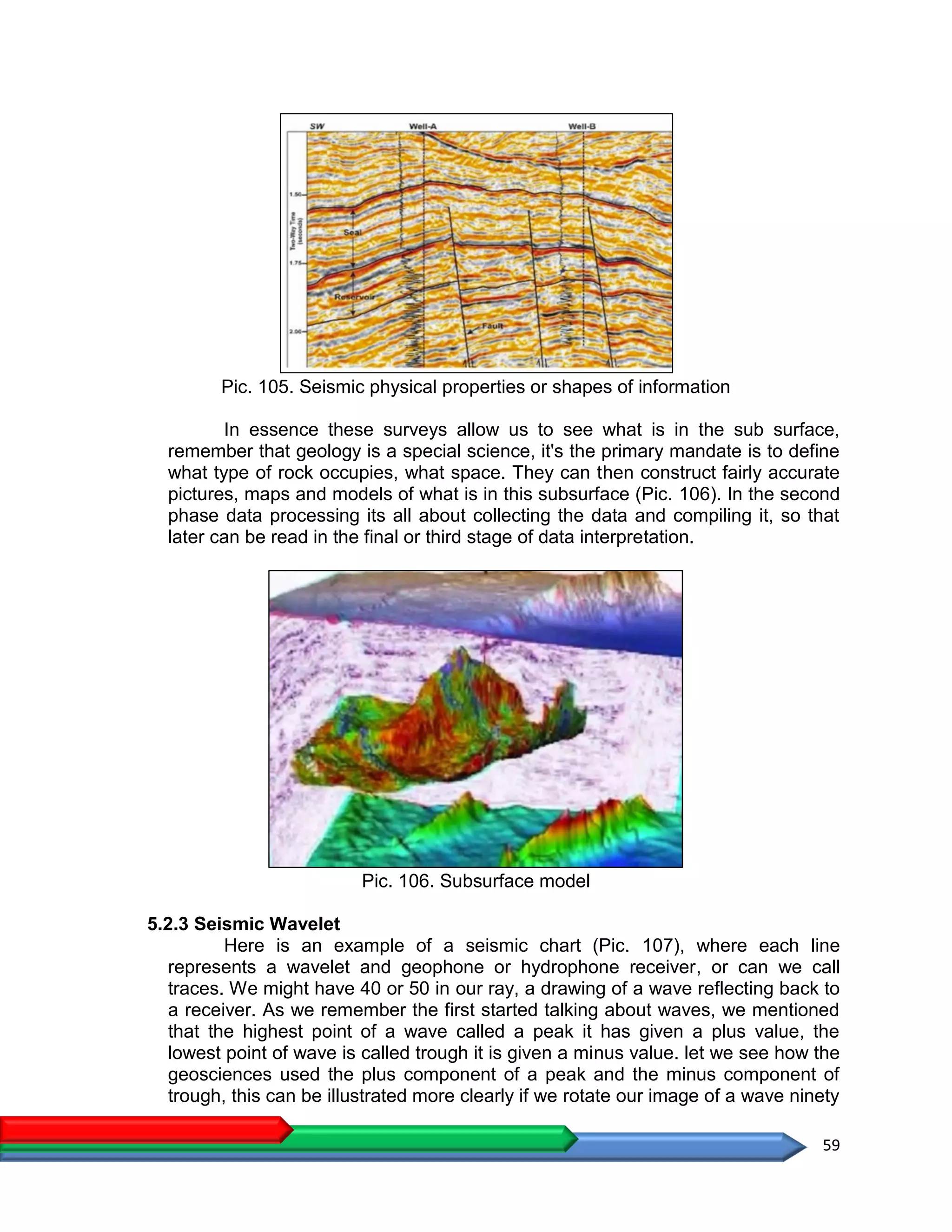 59
Pic. 105. Seismic physical properties or shapes of information
In essence these surveys allow us to see what is in the sub surface,
remember that geology is a special science, it's the primary mandate is to define
what type of rock occupies, what space. They can then construct fairly accurate
pictures, maps and models of what is in this subsurface (Pic. 106). In the second
phase data processing its all about collecting the data and compiling it, so that
later can be read in the final or third stage of data interpretation.
Pic. 106. Subsurface model
5.2.3 Seismic Wavelet
Here is an example of a seismic chart (Pic. 107), where each line
represents a wavelet and geophone or hydrophone receiver, or can we call
traces. We might have 40 or 50 in our ray, a drawing of a wave reflecting back to
a receiver. As we remember the first started talking about waves, we mentioned
that the highest point of a wave called a peak it has given a plus value, the
lowest point of wave is called trough it is given a minus value. let we see how the
geosciences used the plus component of a peak and the minus component of
trough, this can be illustrated more clearly if we rotate our image of a wave ninety
 