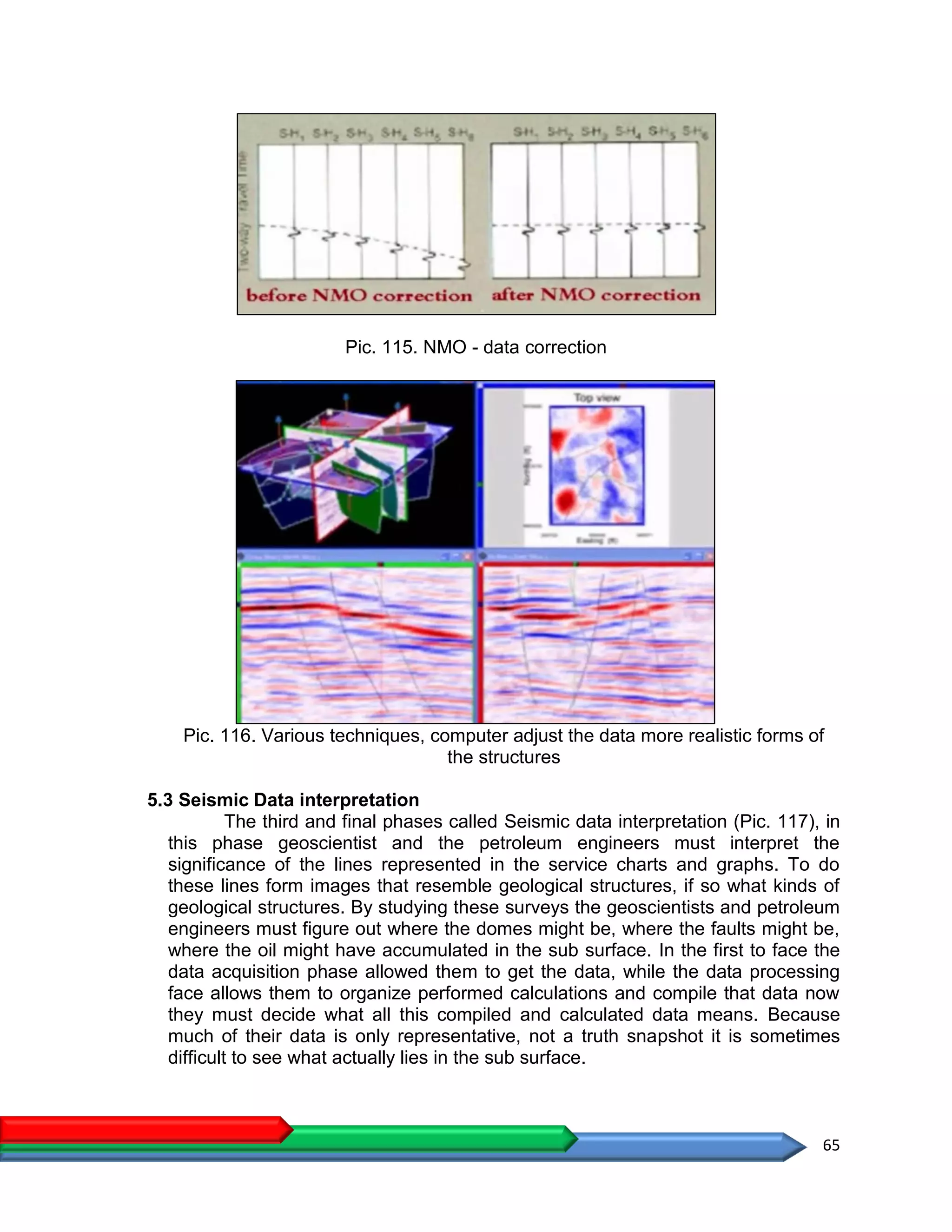 65
Pic. 115. NMO - data correction
Pic. 116. Various techniques, computer adjust the data more realistic forms of
the structures
5.3 Seismic Data interpretation
The third and final phases called Seismic data interpretation (Pic. 117), in
this phase geoscientist and the petroleum engineers must interpret the
significance of the lines represented in the service charts and graphs. To do
these lines form images that resemble geological structures, if so what kinds of
geological structures. By studying these surveys the geoscientists and petroleum
engineers must figure out where the domes might be, where the faults might be,
where the oil might have accumulated in the sub surface. In the first to face the
data acquisition phase allowed them to get the data, while the data processing
face allows them to organize performed calculations and compile that data now
they must decide what all this compiled and calculated data means. Because
much of their data is only representative, not a truth snapshot it is sometimes
difficult to see what actually lies in the sub surface.
 
