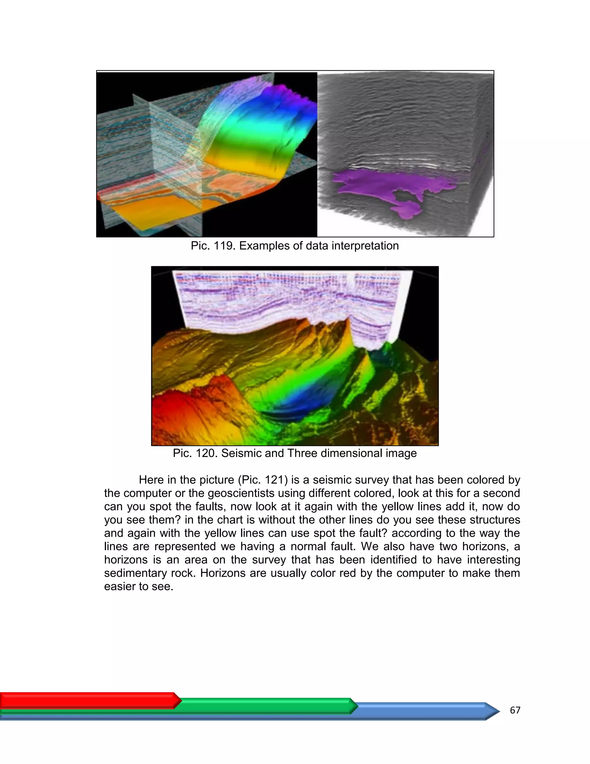 67
Pic. 119. Examples of data interpretation
Pic. 120. Seismic and Three dimensional image
Here in the picture (Pic. 121) is a seismic survey that has been colored by
the computer or the geoscientists using different colored, look at this for a second
can you spot the faults, now look at it again with the yellow lines add it, now do
you see them? in the chart is without the other lines do you see these structures
and again with the yellow lines can use spot the fault? according to the way the
lines are represented we having a normal fault. We also have two horizons, a
horizons is an area on the survey that has been identified to have interesting
sedimentary rock. Horizons are usually color red by the computer to make them
easier to see.
 