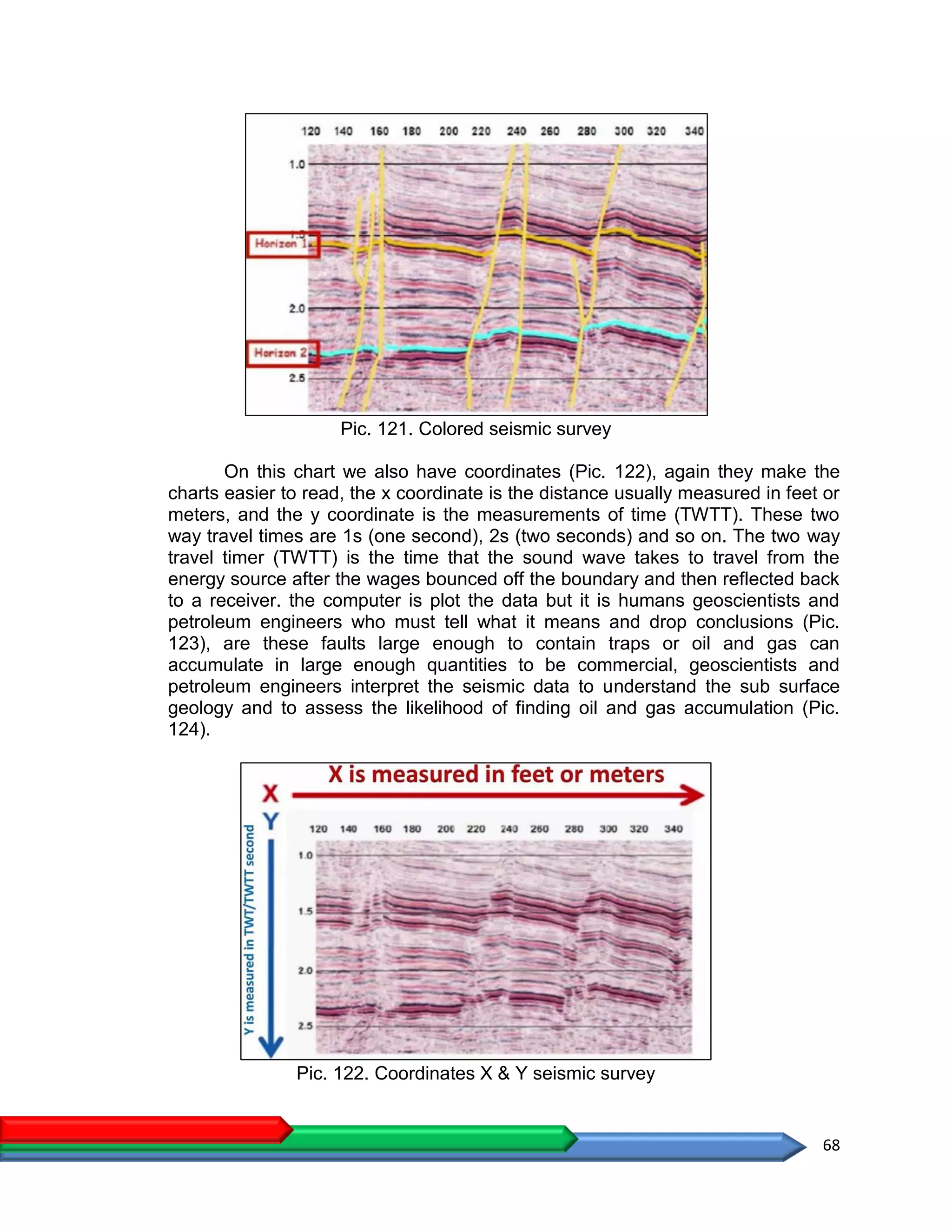 68
Pic. 121. Colored seismic survey
On this chart we also have coordinates (Pic. 122), again they make the
charts easier to read, the x coordinate is the distance usually measured in feet or
meters, and the y coordinate is the measurements of time (TWTT). These two
way travel times are 1s (one second), 2s (two seconds) and so on. The two way
travel timer (TWTT) is the time that the sound wave takes to travel from the
energy source after the wages bounced off the boundary and then reflected back
to a receiver. the computer is plot the data but it is humans geoscientists and
petroleum engineers who must tell what it means and drop conclusions (Pic.
123), are these faults large enough to contain traps or oil and gas can
accumulate in large enough quantities to be commercial, geoscientists and
petroleum engineers interpret the seismic data to understand the sub surface
geology and to assess the likelihood of finding oil and gas accumulation (Pic.
124).
Pic. 122. Coordinates X & Y seismic survey
 