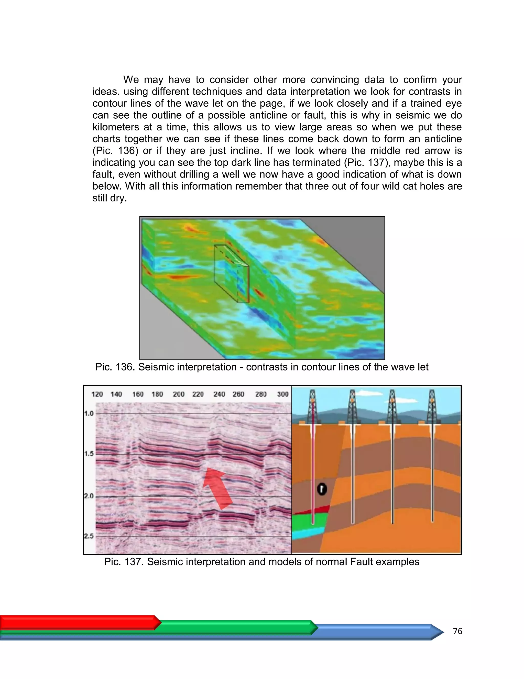 76
We may have to consider other more convincing data to confirm your
ideas. using different techniques and data interpretation we look for contrasts in
contour lines of the wave let on the page, if we look closely and if a trained eye
can see the outline of a possible anticline or fault, this is why in seismic we do
kilometers at a time, this allows us to view large areas so when we put these
charts together we can see if these lines come back down to form an anticline
(Pic. 136) or if they are just incline. If we look where the middle red arrow is
indicating you can see the top dark line has terminated (Pic. 137), maybe this is a
fault, even without drilling a well we now have a good indication of what is down
below. With all this information remember that three out of four wild cat holes are
still dry.
Pic. 136. Seismic interpretation - contrasts in contour lines of the wave let
Pic. 137. Seismic interpretation and models of normal Fault examples
 