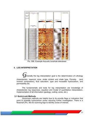 57
Pic. 098. Example Acoustic borehole televiewer
5. LOG INTERPRETATION
Generally the log interpretation goal is the determination of Lithology
characteristic, reservoir zone, shale content and shale type, Porosity (and
mineral composition), fluid saturation, type and moveable hydrocarbon, and
permeability etc.
The fundamentals and tools for log interpretation are knowledge of
characteristic log responses, equation and model of quantitative interpretation,
Implementation of all information (geology, cutting, cores, etc.).
5.1 Quick-Look Methods
Quick-look methods are helpful due to its provide flags or indicators that
point to possible hydrocarbon zones requiring further investigation. There is a
flowchart (Pic. 99) for scanning logs to identify zones of interest.
 