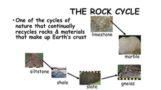 THE ROCK CYCLE
• One of the cycles of
nature that continually
recycles rocks & materials
that make up Earth’s crust
siltstone
slate
gneiss
limestone
marble
shale
 