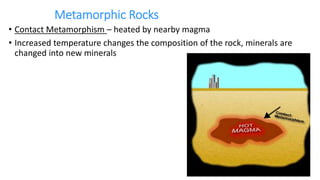 Metamorphic Rocks
• Contact Metamorphism – heated by nearby magma
• Increased temperature changes the composition of the rock, minerals are
changed into new minerals
 